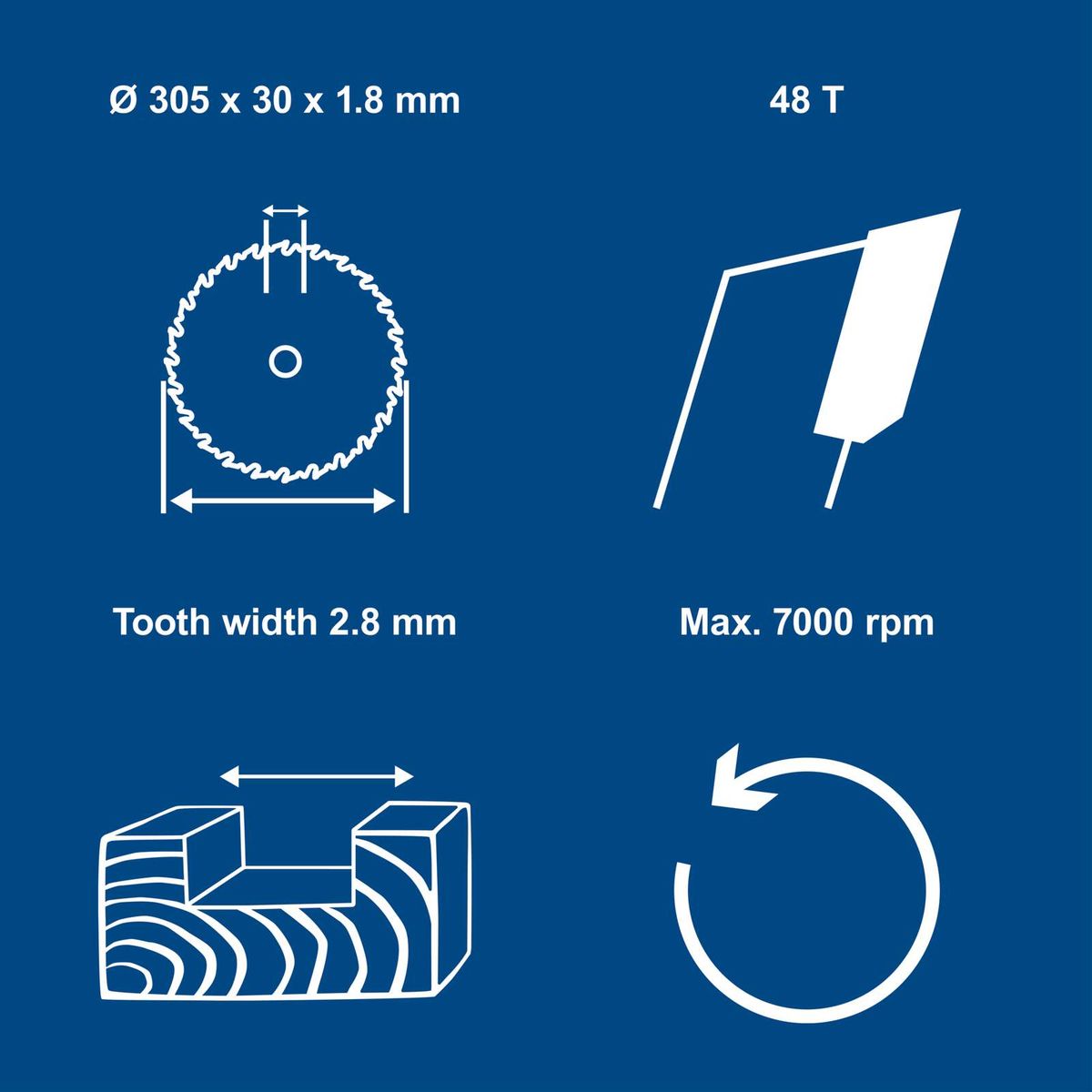 Technical key features: 48-tooth ceramic grinding wheel, dimensions 305 x 30 x 1.8 mm, tooth width 2.8 mm