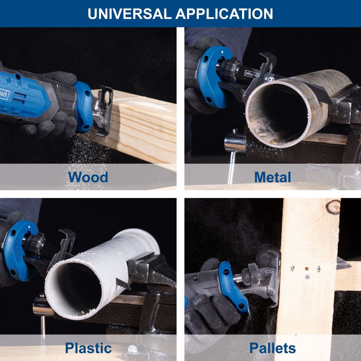Reciprocating saw with attachment options for wood, metal, plastic, and pallets