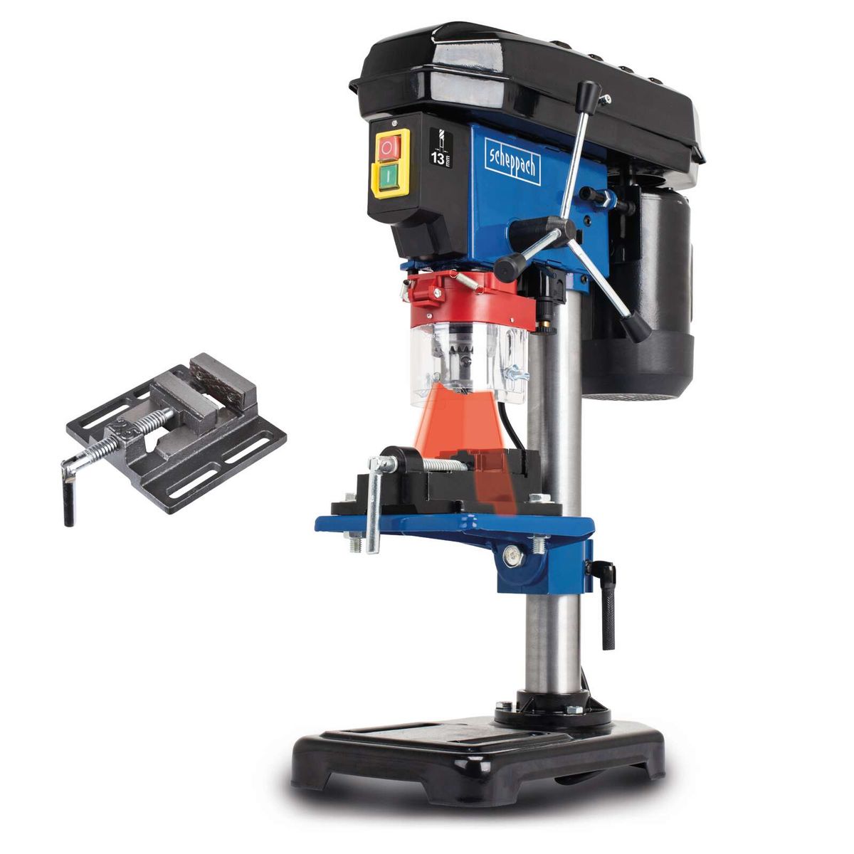 Scheppach bench drill with integrated tool clamp accessory, featuring control switch and safety indicator light