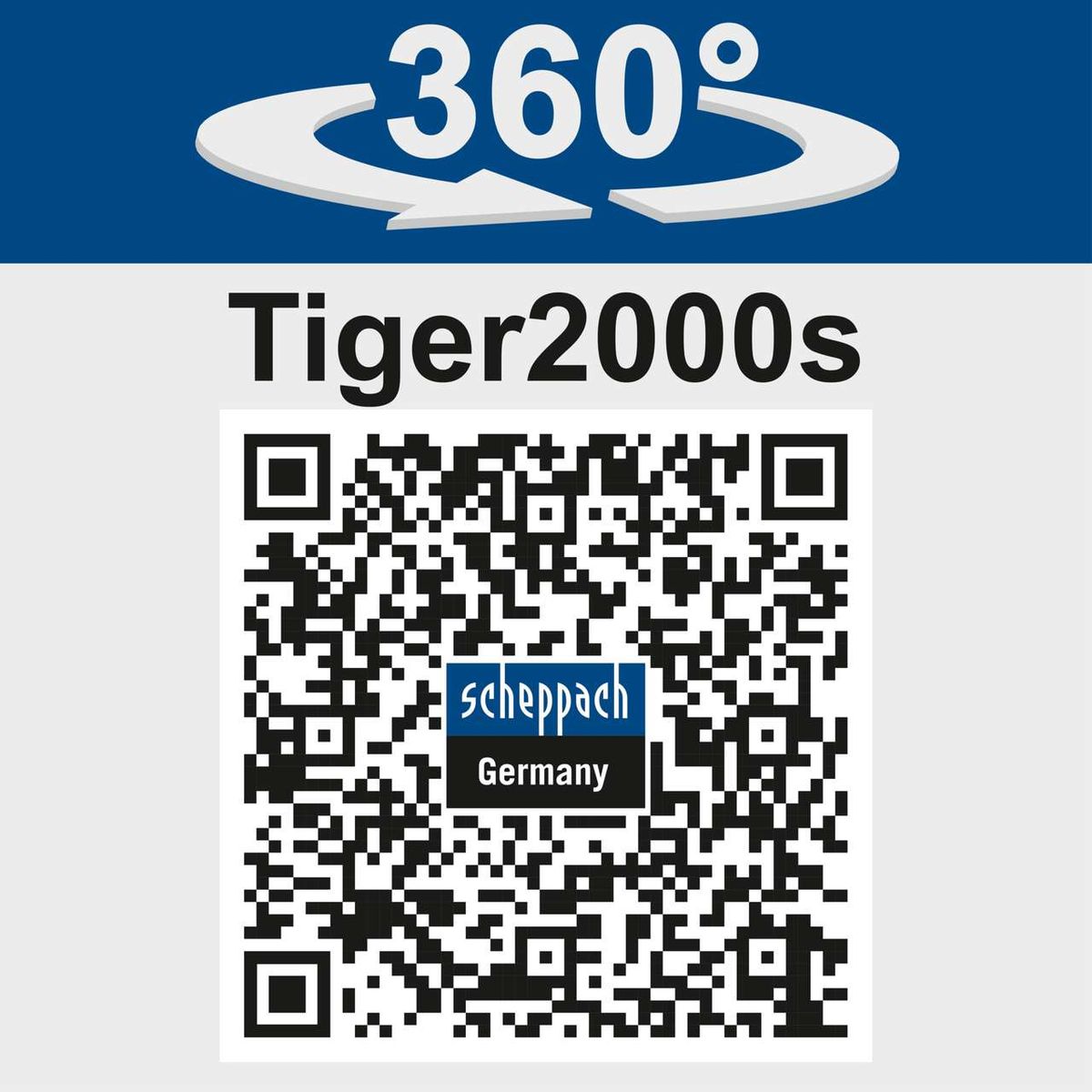 Scheppach 'Tiger 2000S' tool with 360° rotation feature and QR code for Scheppach Germany