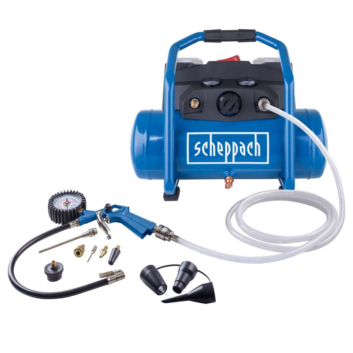 Scheppach air compressor kit with gauge and accessories for tool maintenance