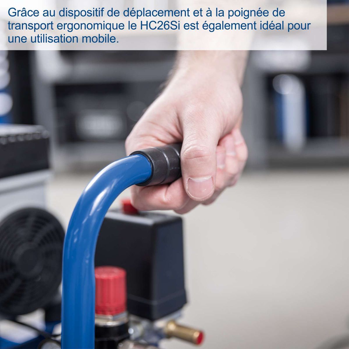 Ergonomic handle for mobile transport of the Scheppach HC26Si air compressor