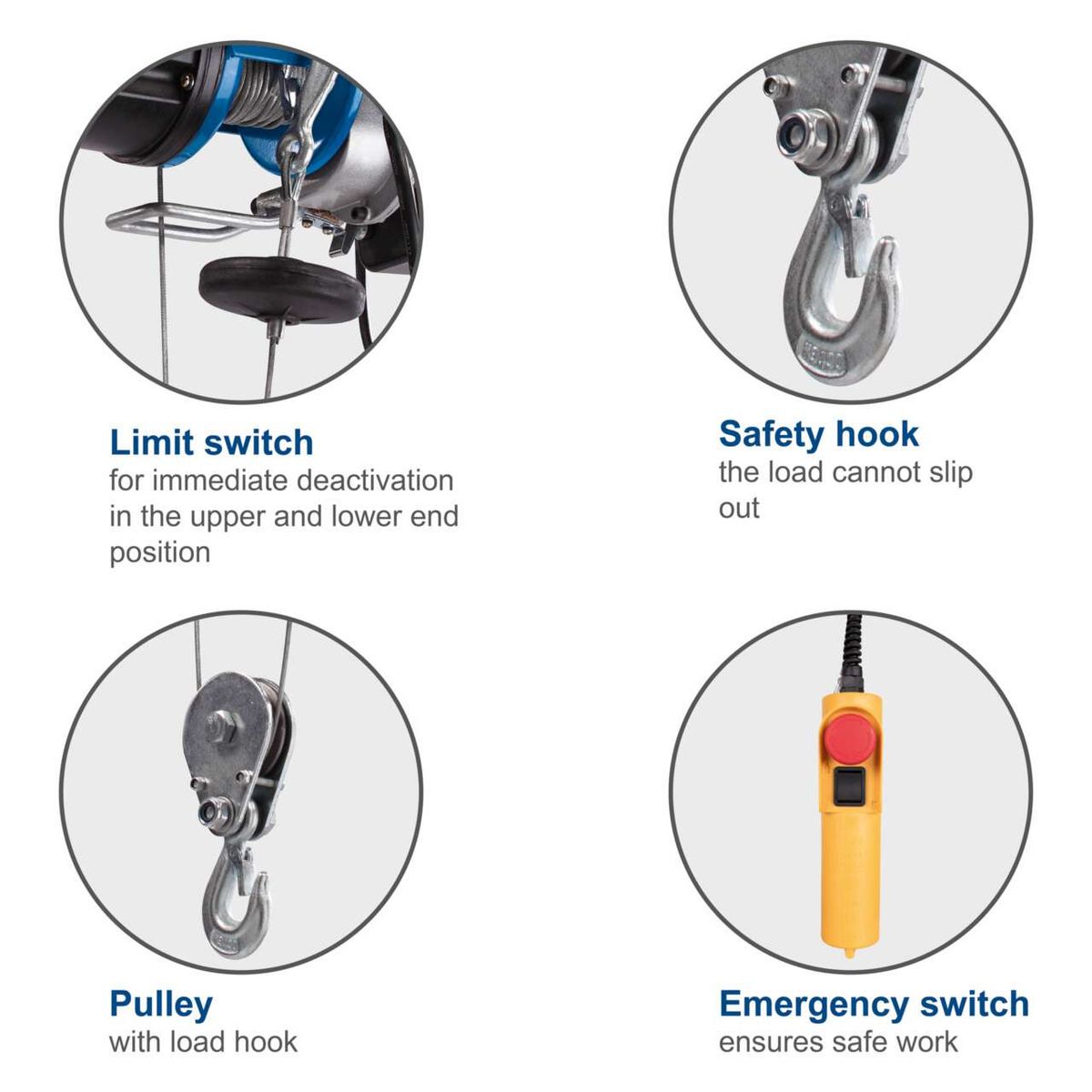 Key safety features of an electric hoist: limit switches for upper and lower position, safety hook for secure release, pulley with load hook, emergency stop for safe operation