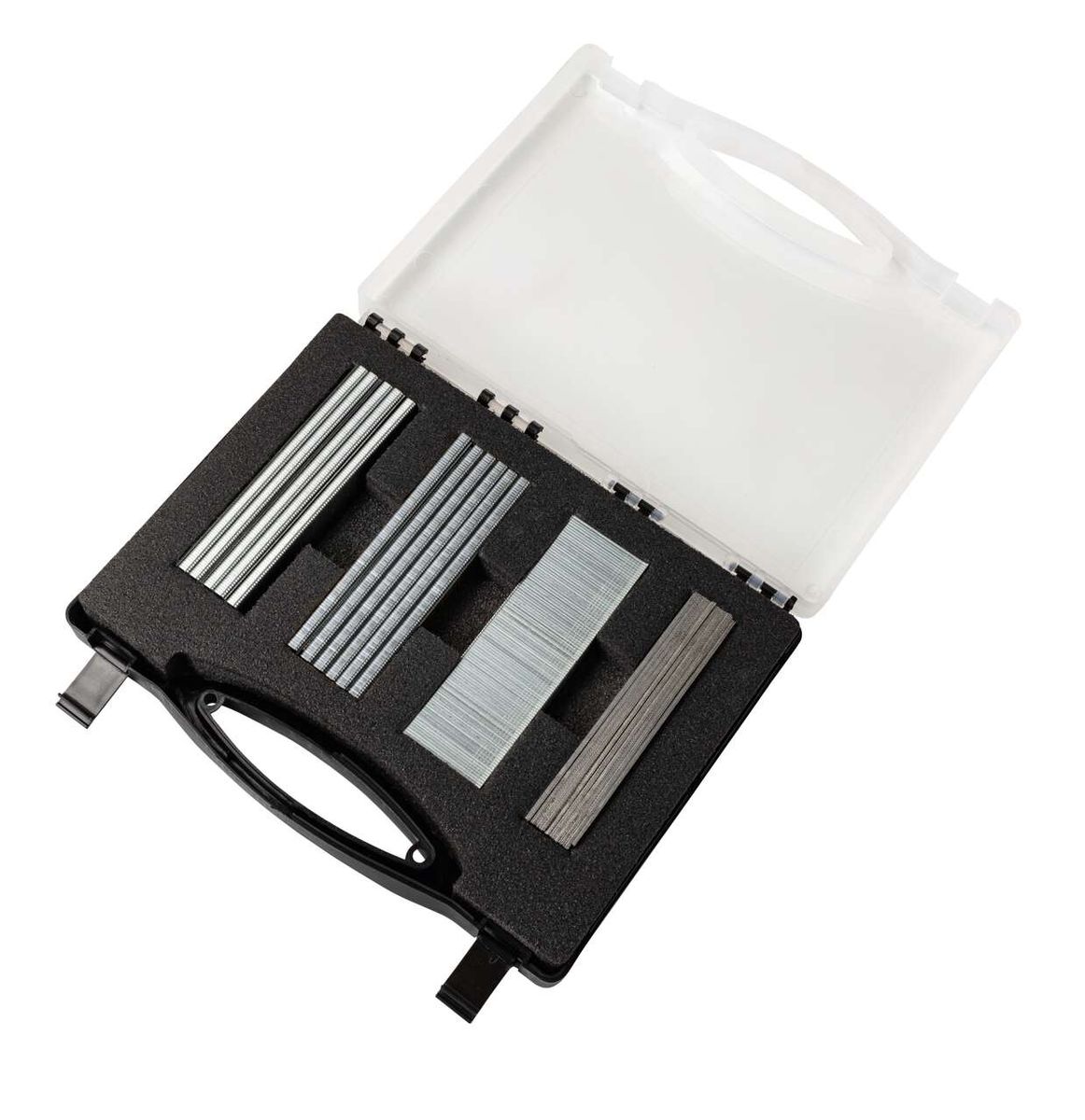 Staple and nail container for air-operated tool with sorting compartment