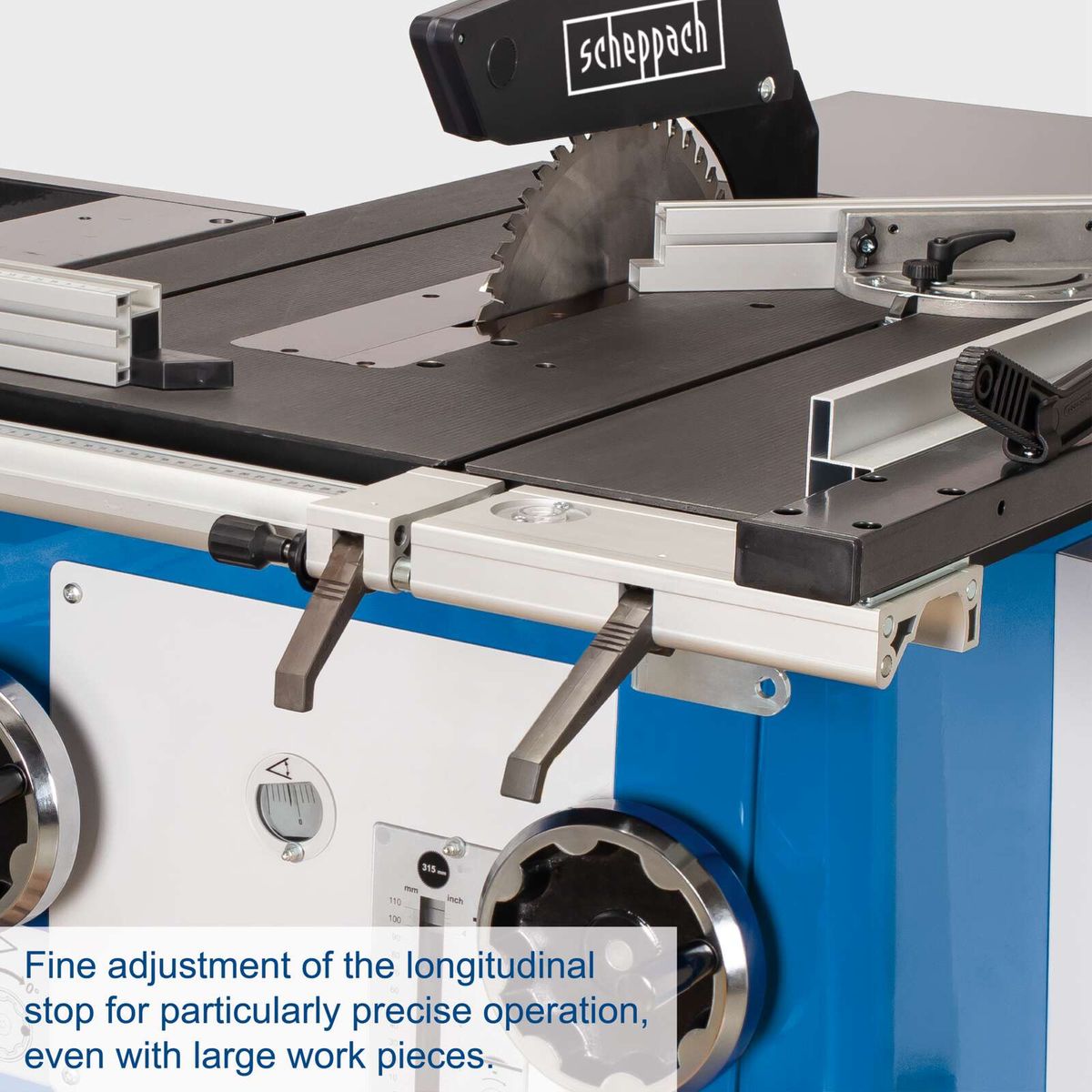 Fine adjustment of longitudinal stop for precise operation, even with large workpieces