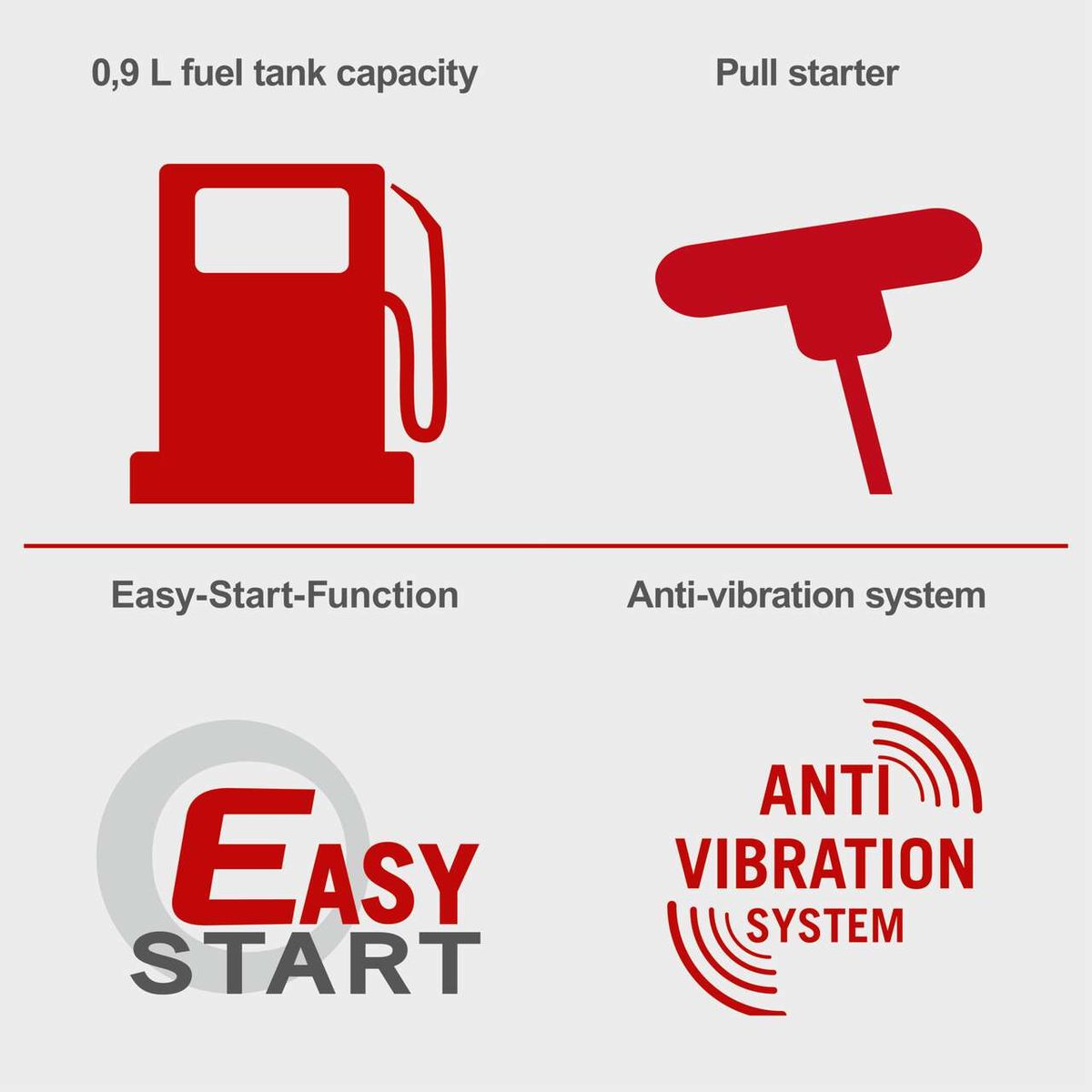 Key features: 0.9L fuel tank, pull starter, easy-start function, anti-vibration system
