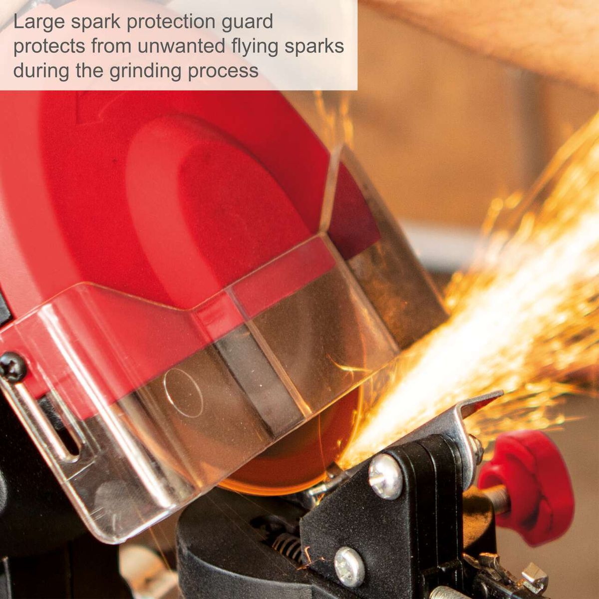 Large spark protection guard preventing unwanted flying sparks during grinding process