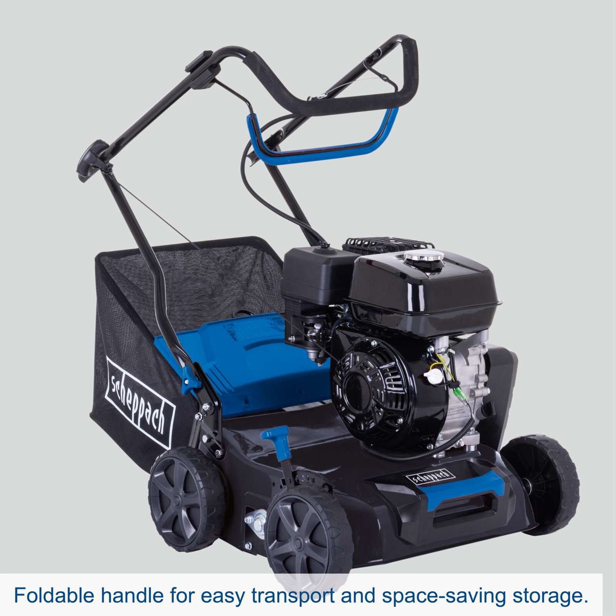 Foldable handle for easy transport and space-saving storage of a Scheppach petrol scarifier