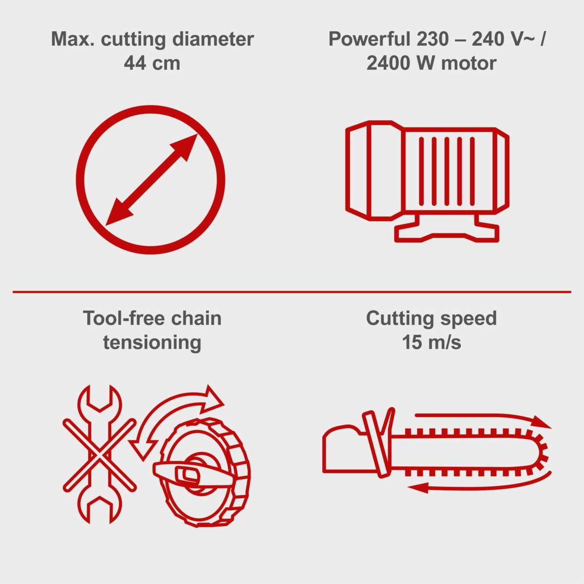 Electric chainsaw specifications: Max. cutting diameter 44 cm, 230–240 V / 2400 W motor, cutting speed 15 m/s, tool-free chain tensioning
