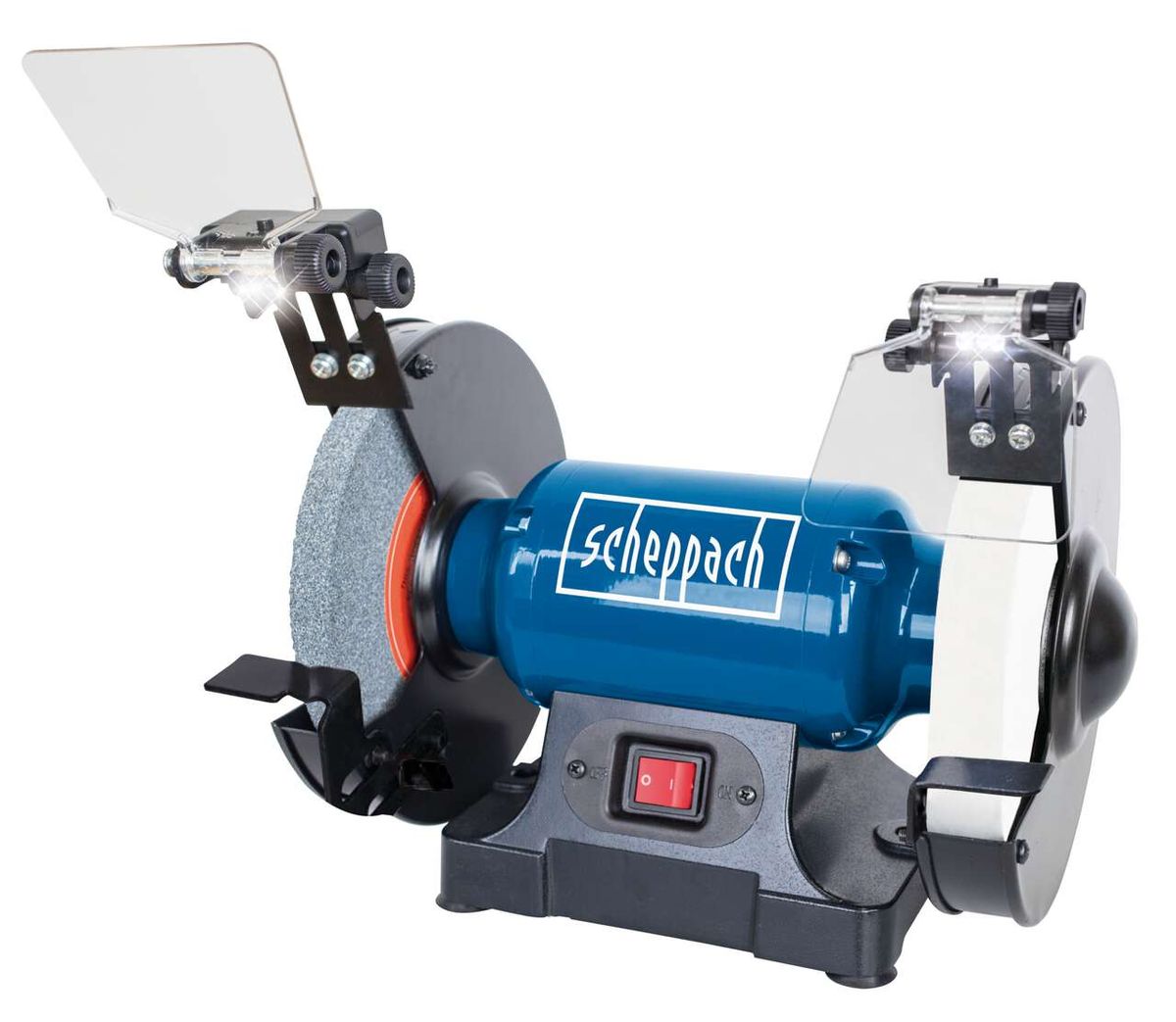 Scheppach bench grinder SM200AL with LED lighting and protective cover