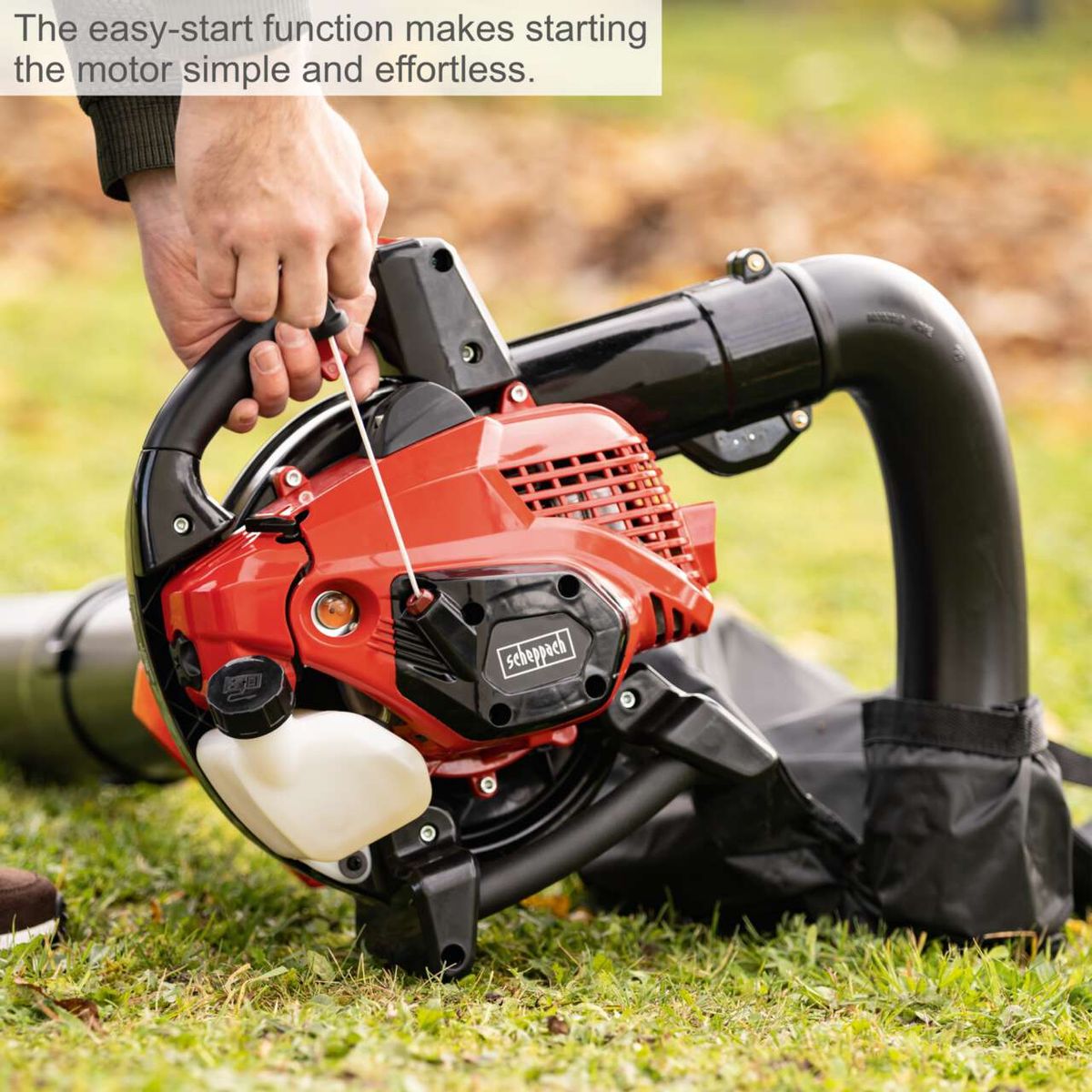 Scheppach leaf blower with easy-start feature for effortless engine ignition