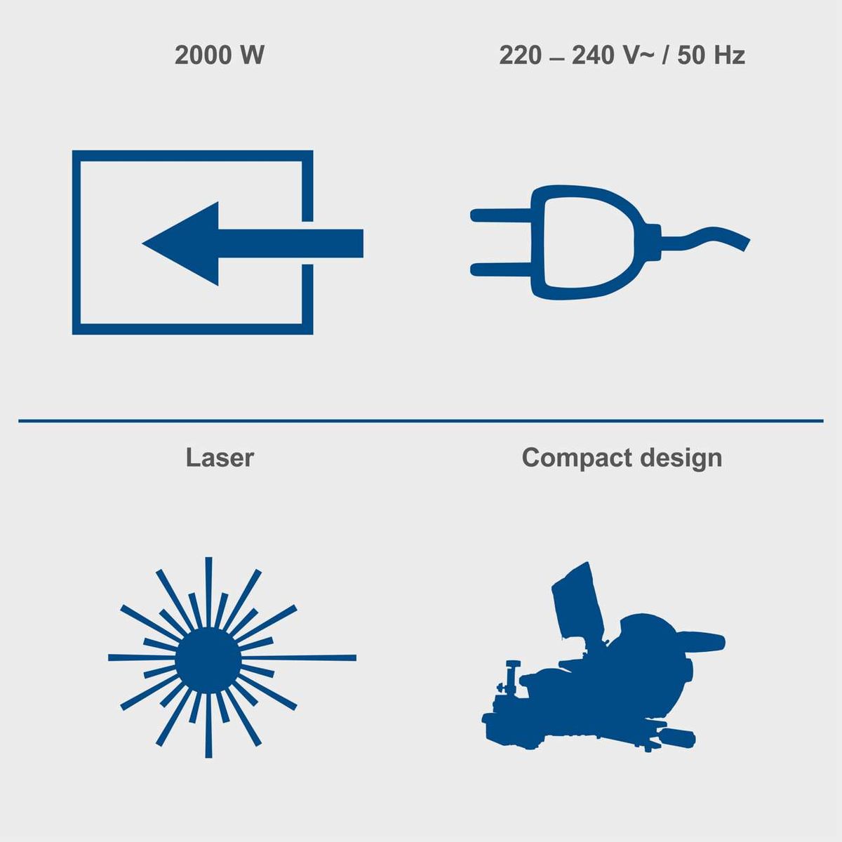 Scheppach sliding mitre saw featuring 2000W power, 220–240V/50Hz, laser marking and compact design