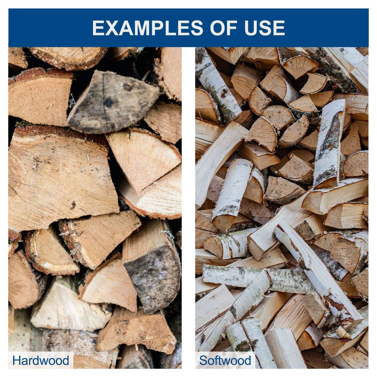 Examples of hardwood and softwood shown for Scheppach kindling splitter use