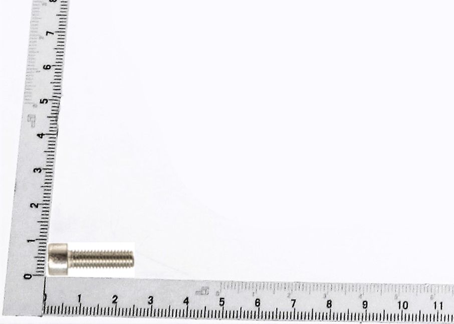 M6x20 cheese head screw shown alongside a measuring scale
