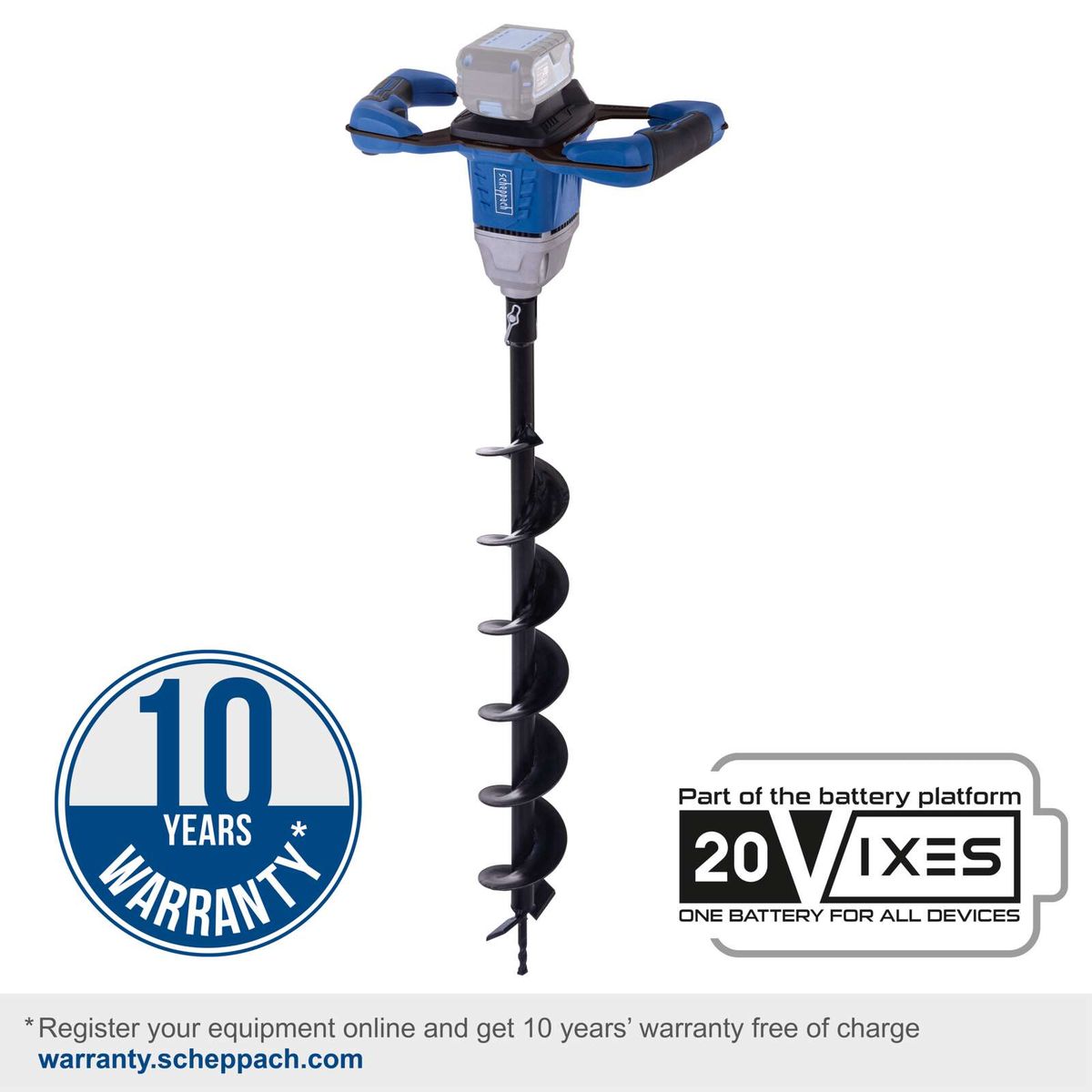 Scheppach cordless earth auger featuring a 10-year warranty and 20V battery platform for 20 devices