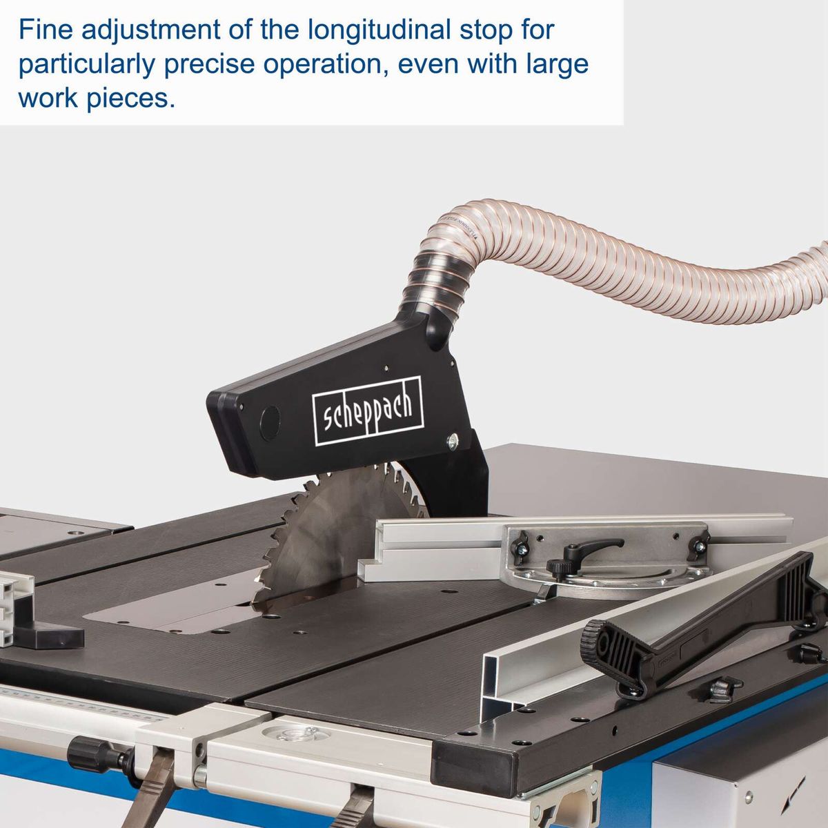 Precise longitudinal stop adjustment for table saw with extended worktop