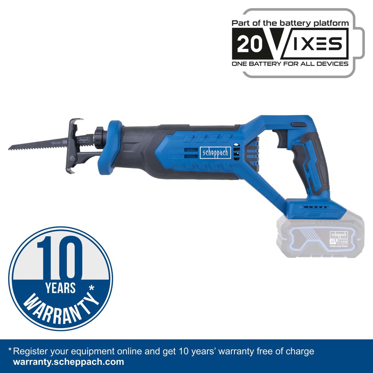 10-year warranty cordless reciprocating saw with 20V battery platform, Scheppach C-RS100-X