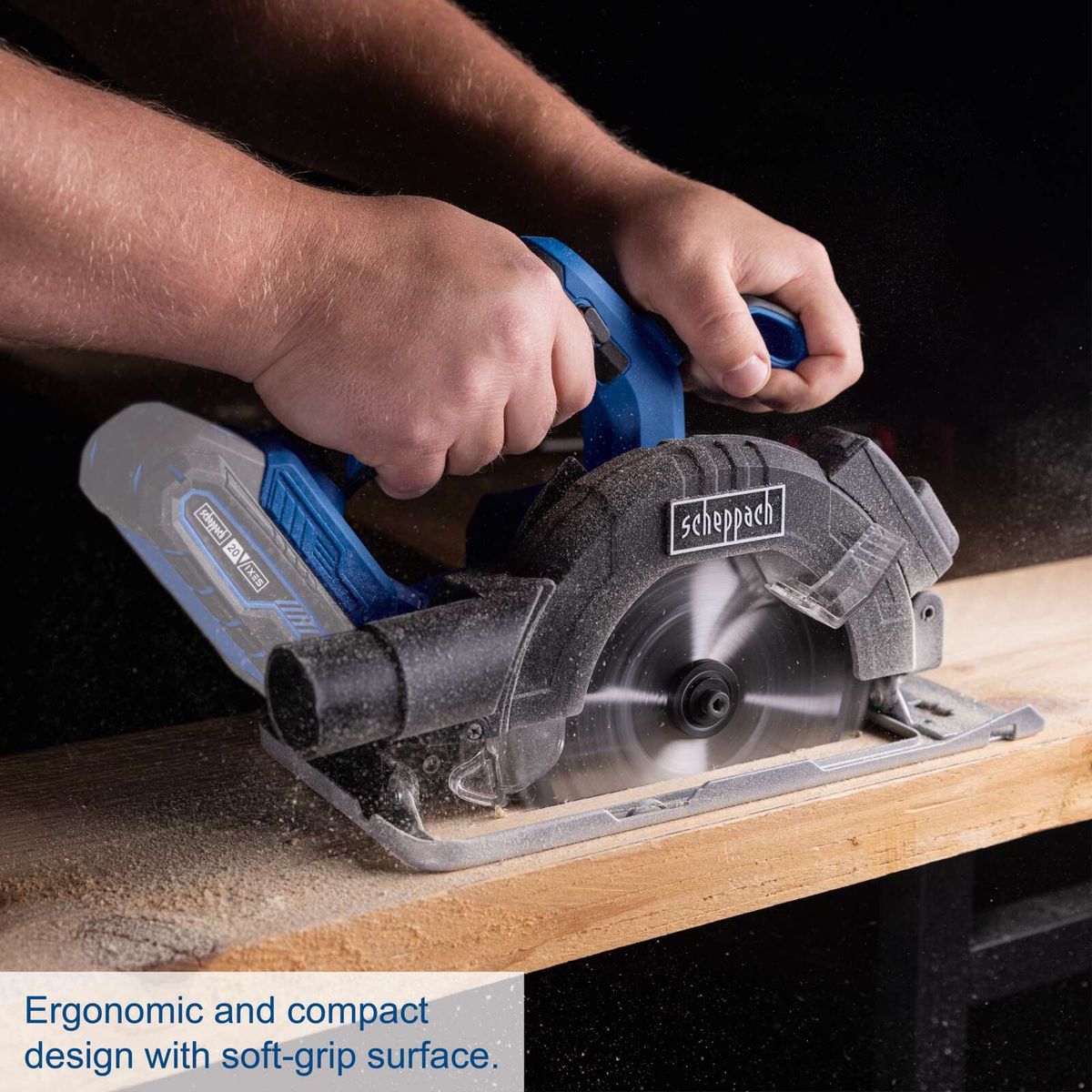 Ergonomic and compact design with soft-grip surface for Scheppach cordless circular saw