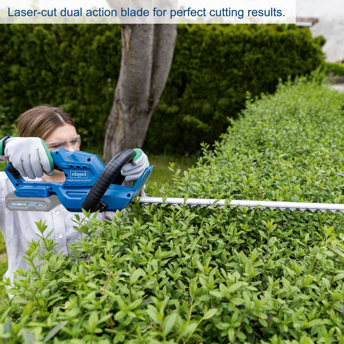 Scheppach cordless hedge trimmer featuring laser-cut dual-action blade for precise cuts
