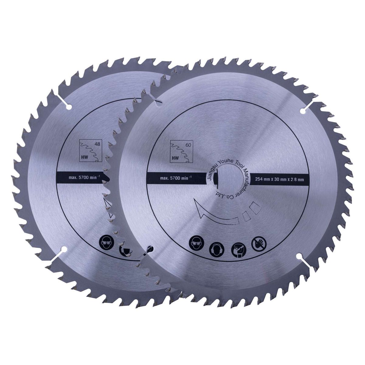Scheppach circular saw blade featuring 48 and 60 teeth, 254 mm diameter, 30 mm width, 2.8 mm thickness, max. 5700 rpm