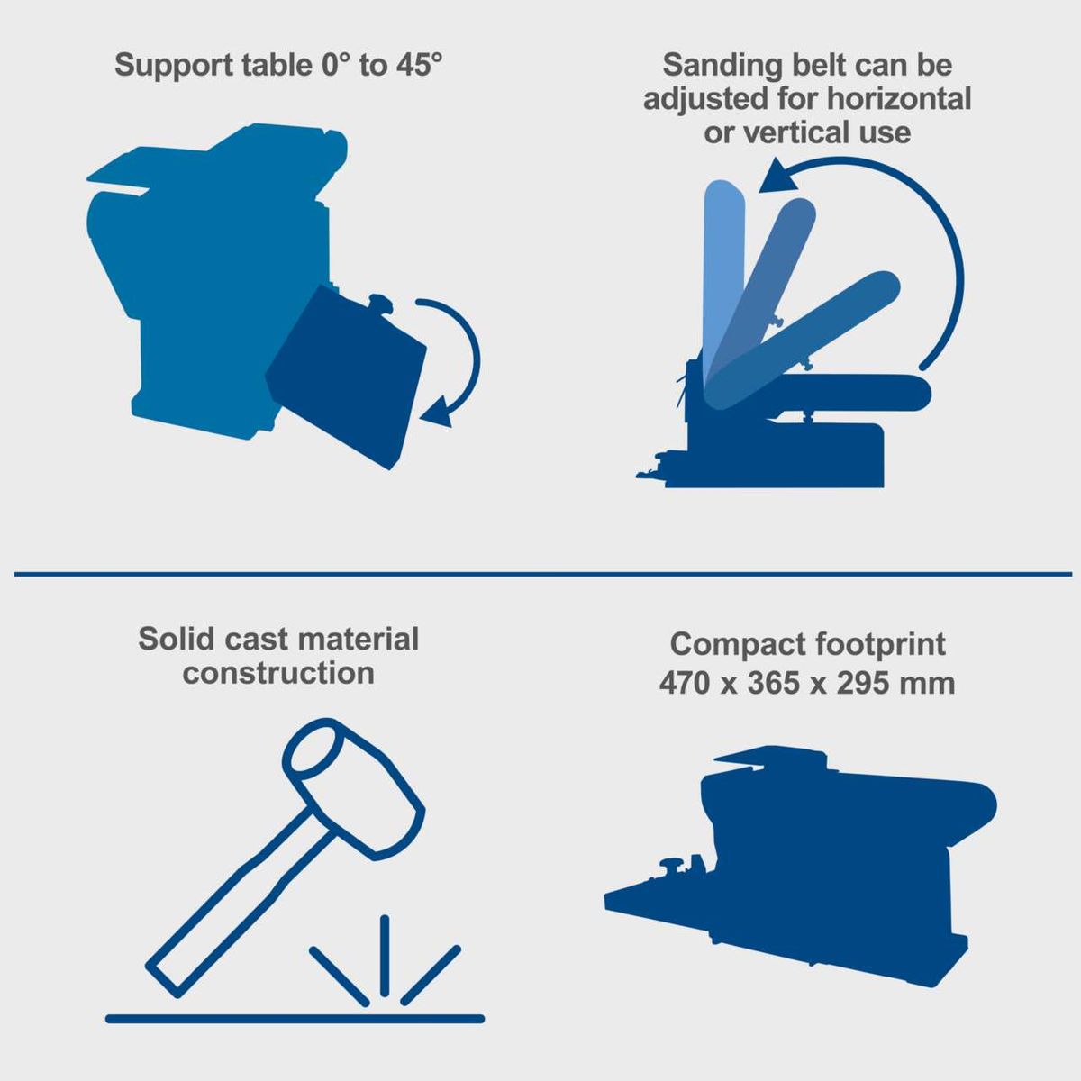 Belt and disc sander with adjustable worktable (0°–45°), adjustable belt for horizontal/vertical use, solid cast construction, compact dimensions (470 x 365 x 295 mm)