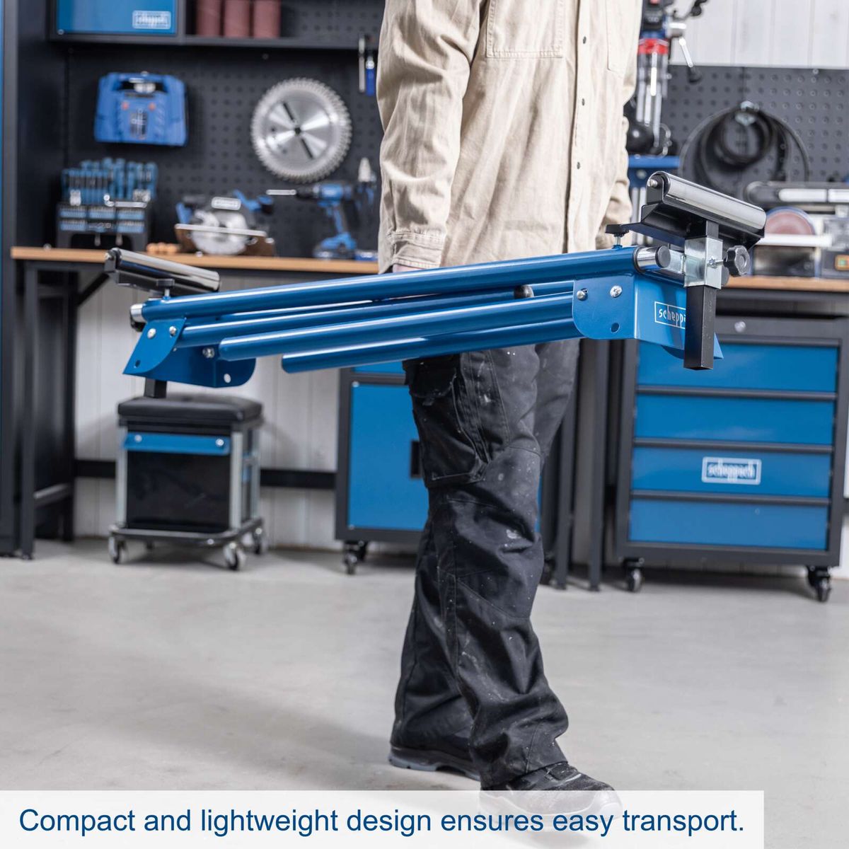 Compact universal mitre saw stand featuring lightweight design for easy transport