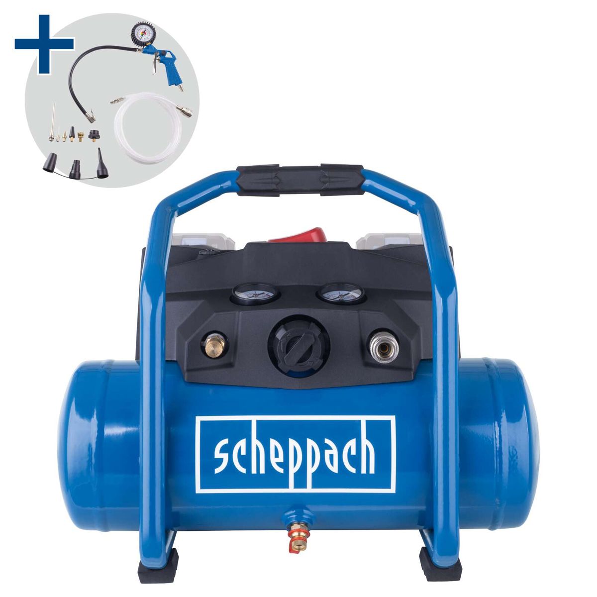 Scheppach vehicle air compressor with integrated gauges and connection terminals