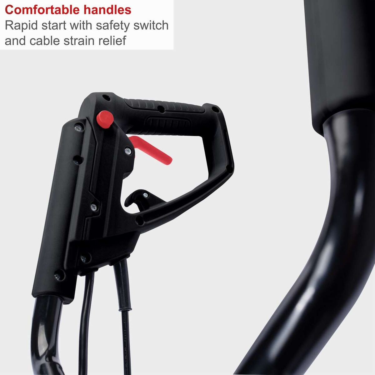 Comfortable handle grip with rapid start and safety switch, including cable strain relief