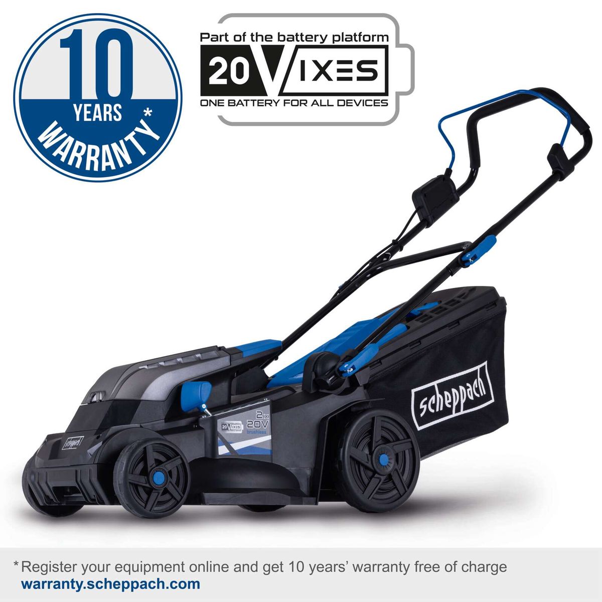 Scheppach cordless lawn mower with 10-year warranty, 20V battery system, 2 batteries, 38 cm cutting width, 45L collection bin
