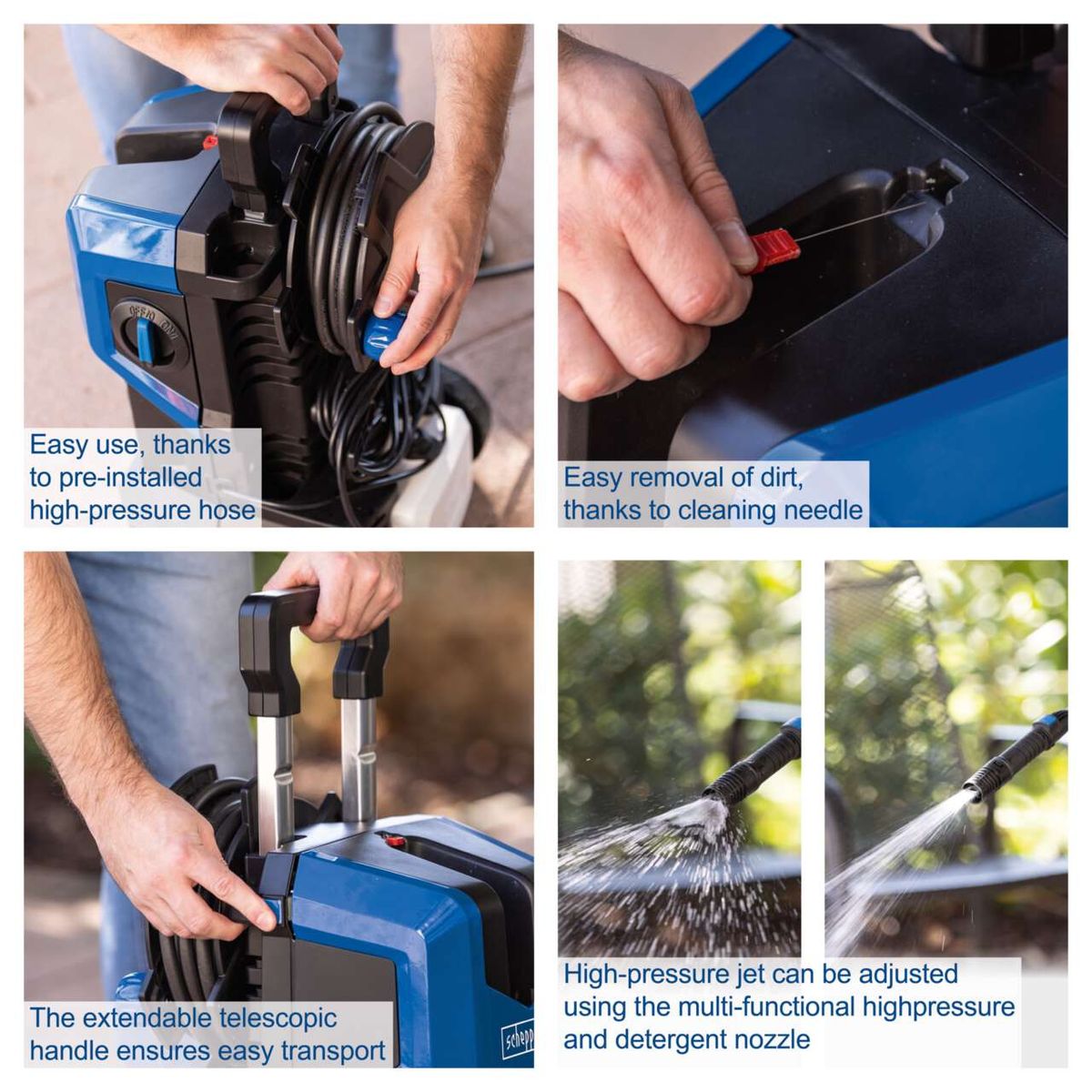 High-pressure electric cleaner with pre-installed hose, easy dirt removal needle, and adjustable nozzle