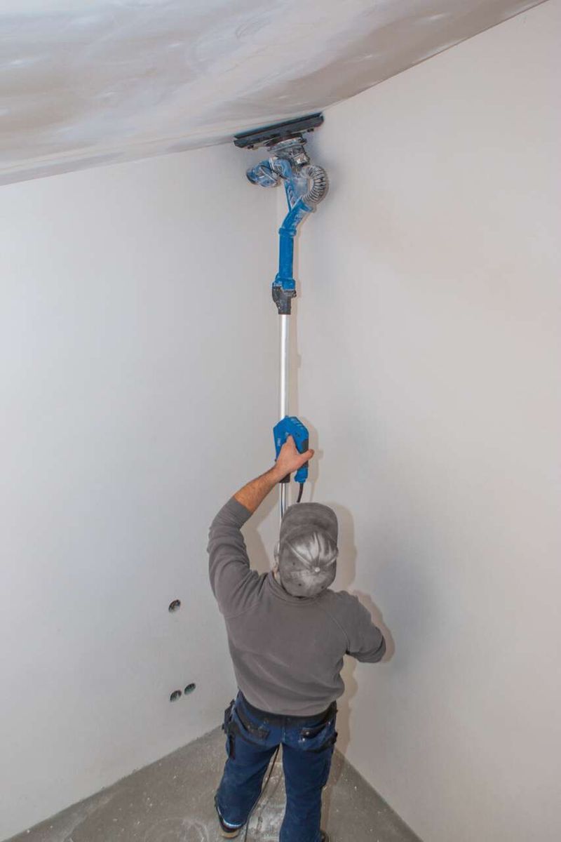 Wall sander with round and corner head in use, surface being worked on