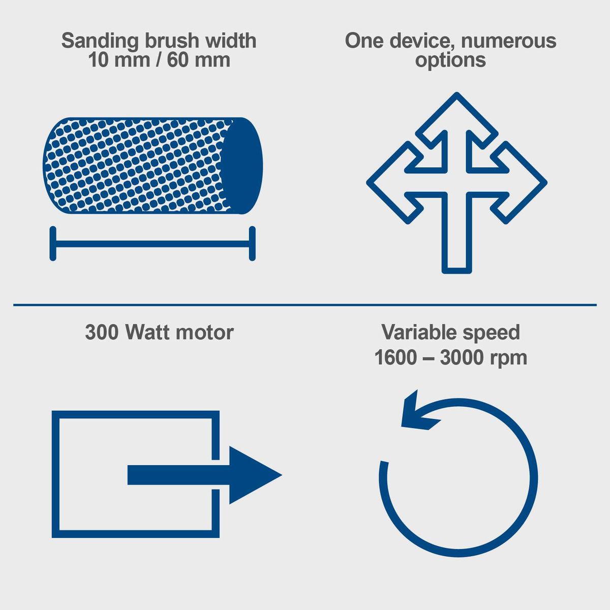 Scheppach satinizing machine illustration showing 10/60 mm brush width, 300W motor, variable speed 1600–3000 rpm with interchangeable brush attachments