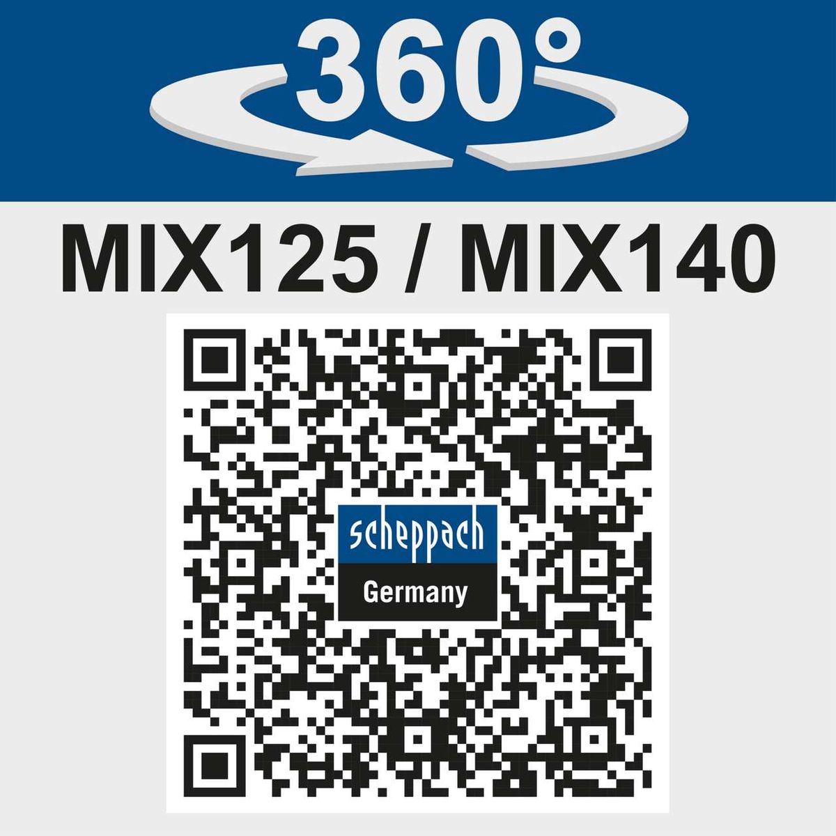 Scheppach MIX125 concrete mixer featuring 360° rotation for easy access