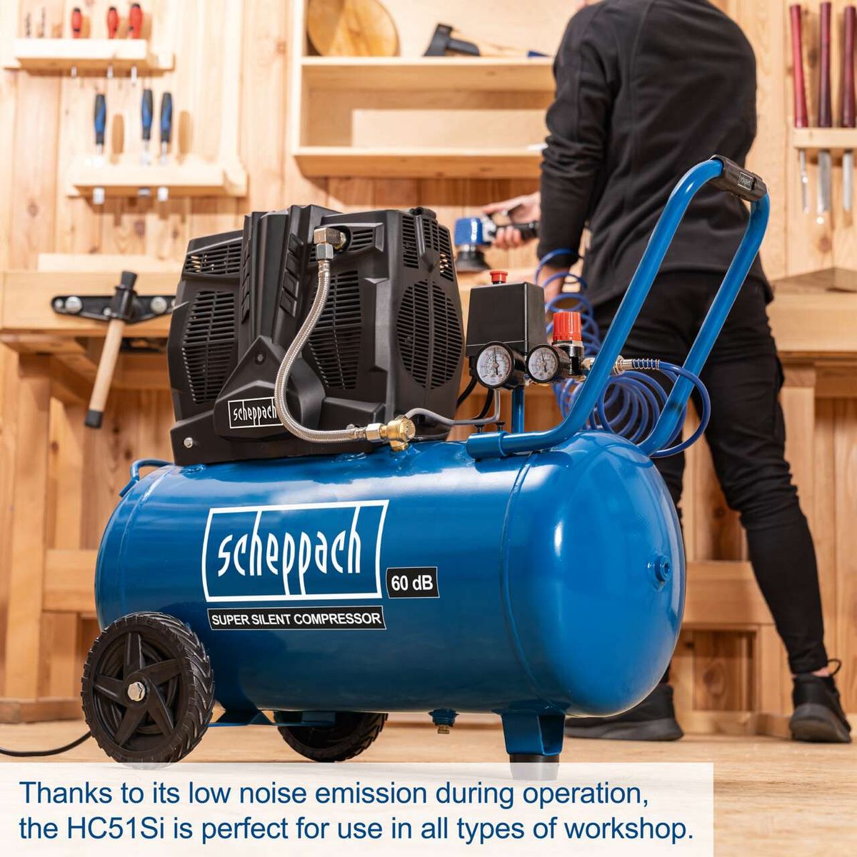 Scheppach HC51Si silent compressor with 60 dB(A) low noise, suitable for workshops