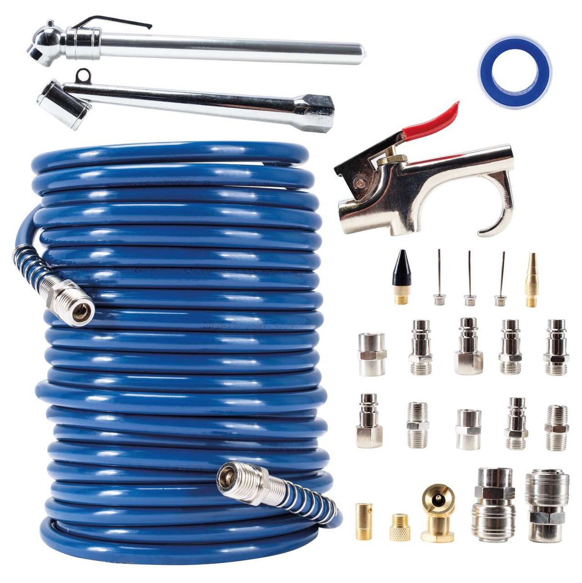 Scheppach compressed air accessory set with hoses, adapters, nozzles, and hand wrench