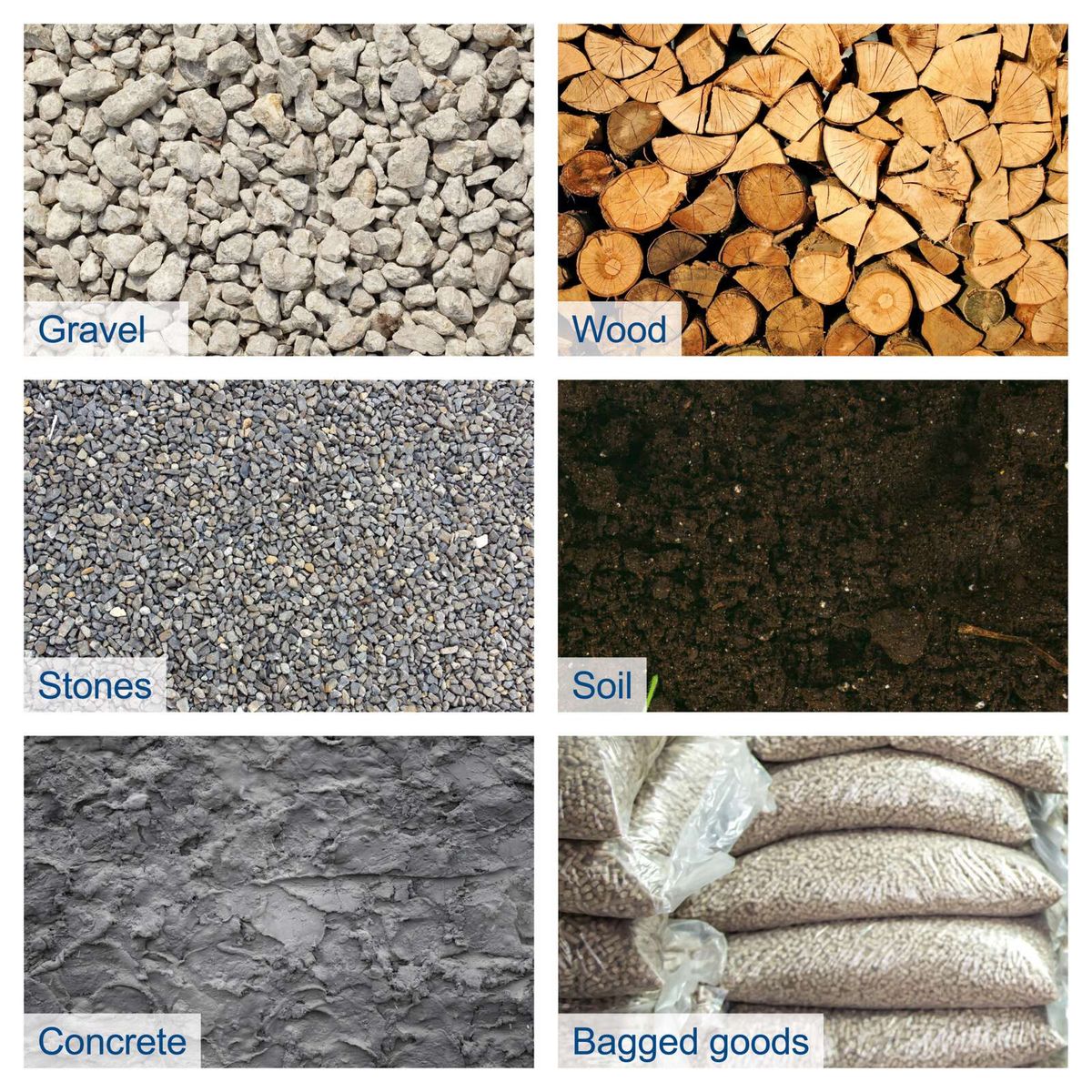 Material samples: Gravel, wood, stones, soil, concrete, bagged goods