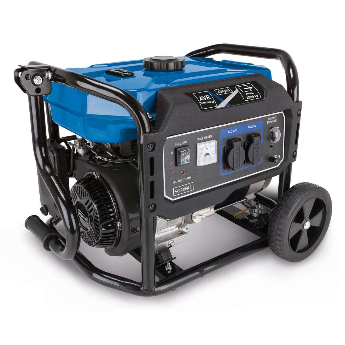 Scheppach generator with AVR, 2800W output, dual 230V sockets, oil warning lamp and voltmeter
