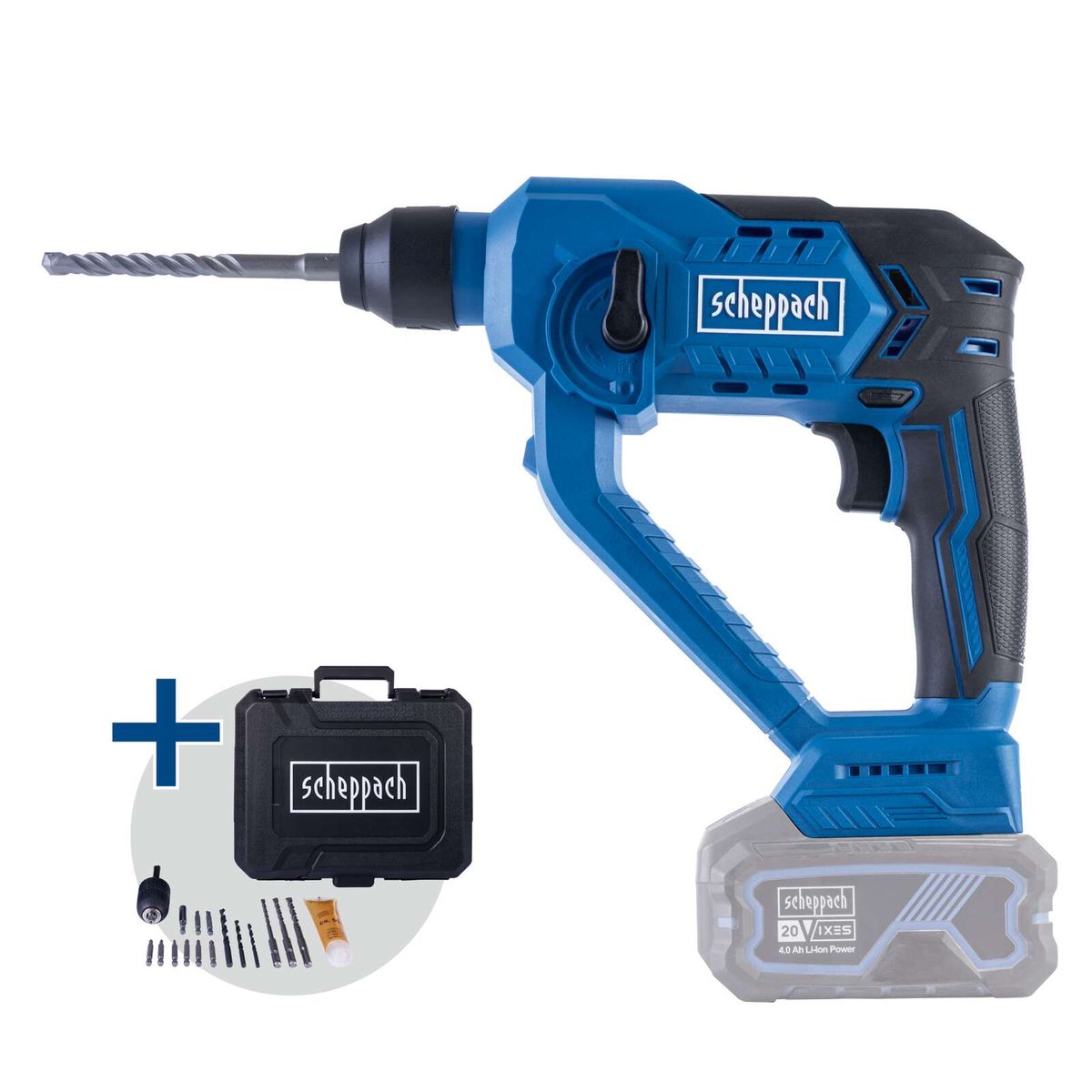 Scheppach cordless hammer drill set with battery, tool case, and screwdriver bits for drilling and hammering tasks