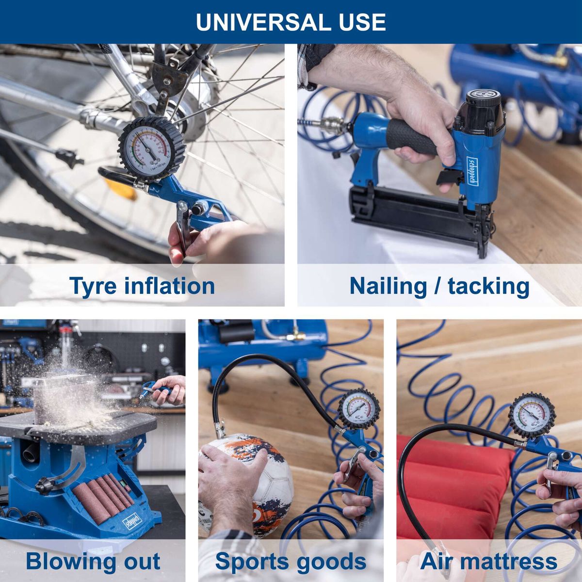 Key features of multi-purpose air compressor applications: tire inflation, dust removal, air mattress inflation, sports equipment maintenance, and versatile air supply for various tasks.