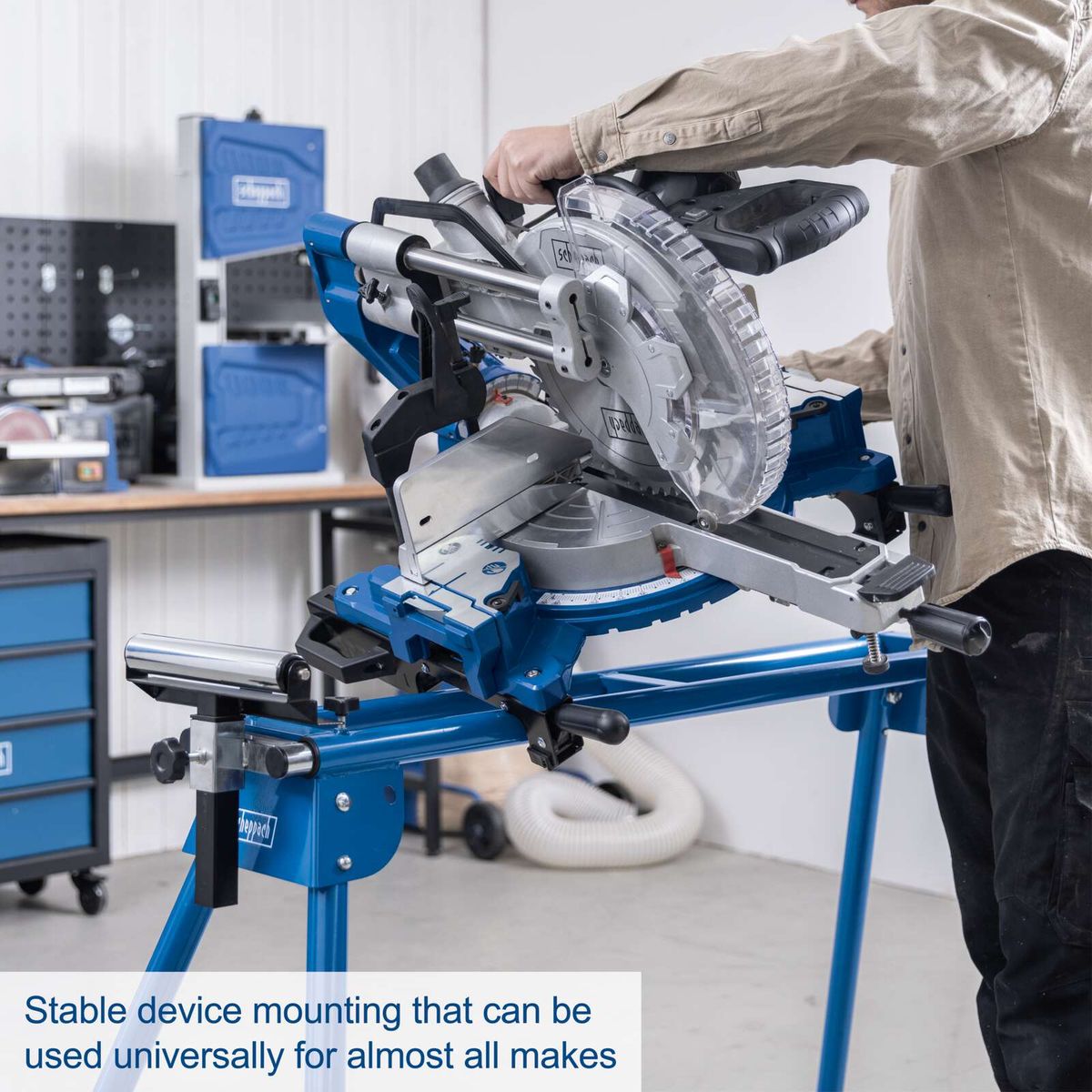 Stable universal device stand for mitre saws, accommodating various makes