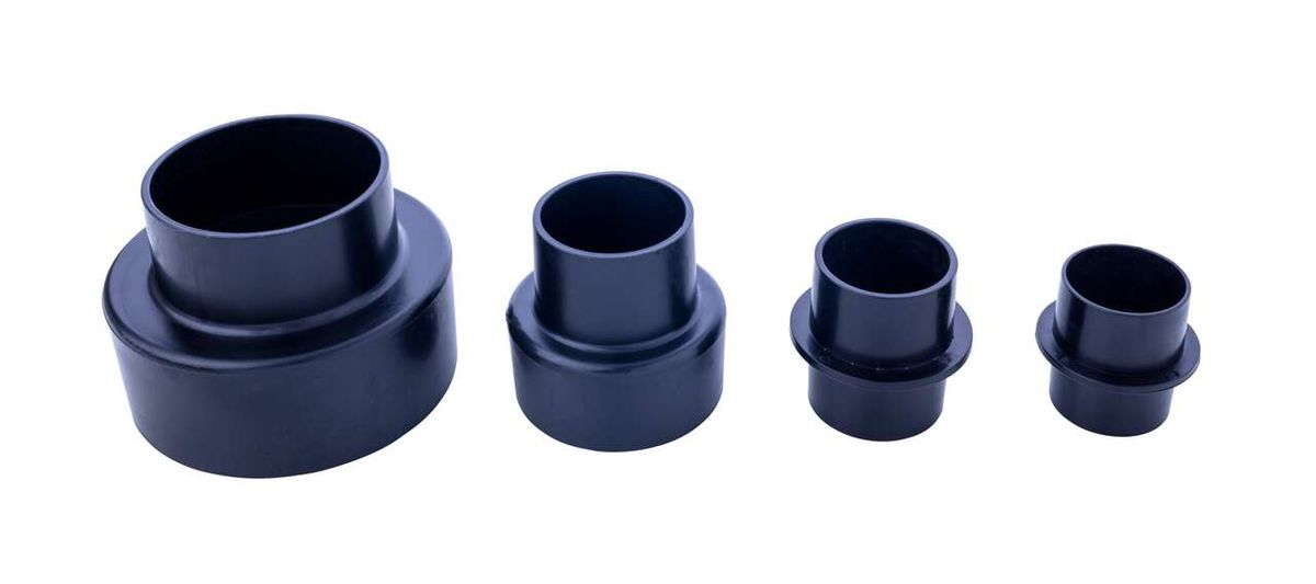 Extraction port set (4-piece) by Scheppach. Shown from the front. Four different sizes of extraction ports.