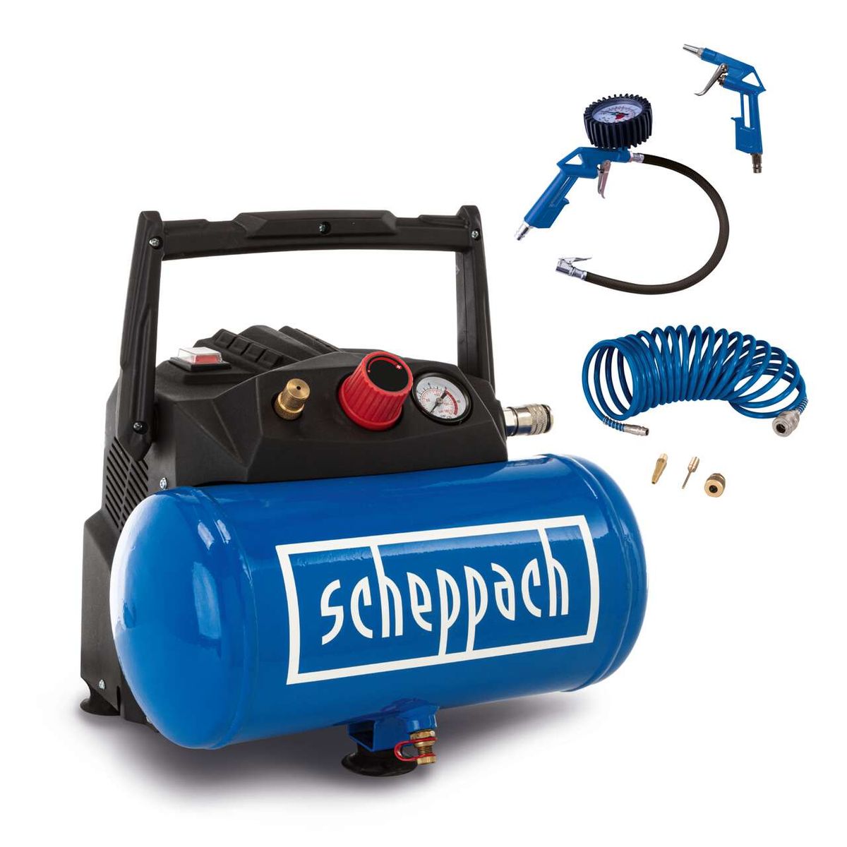 Scheppach HC06 air compressor with 6L oil-free tank, 5-piece accessory kit, and 5m hose
