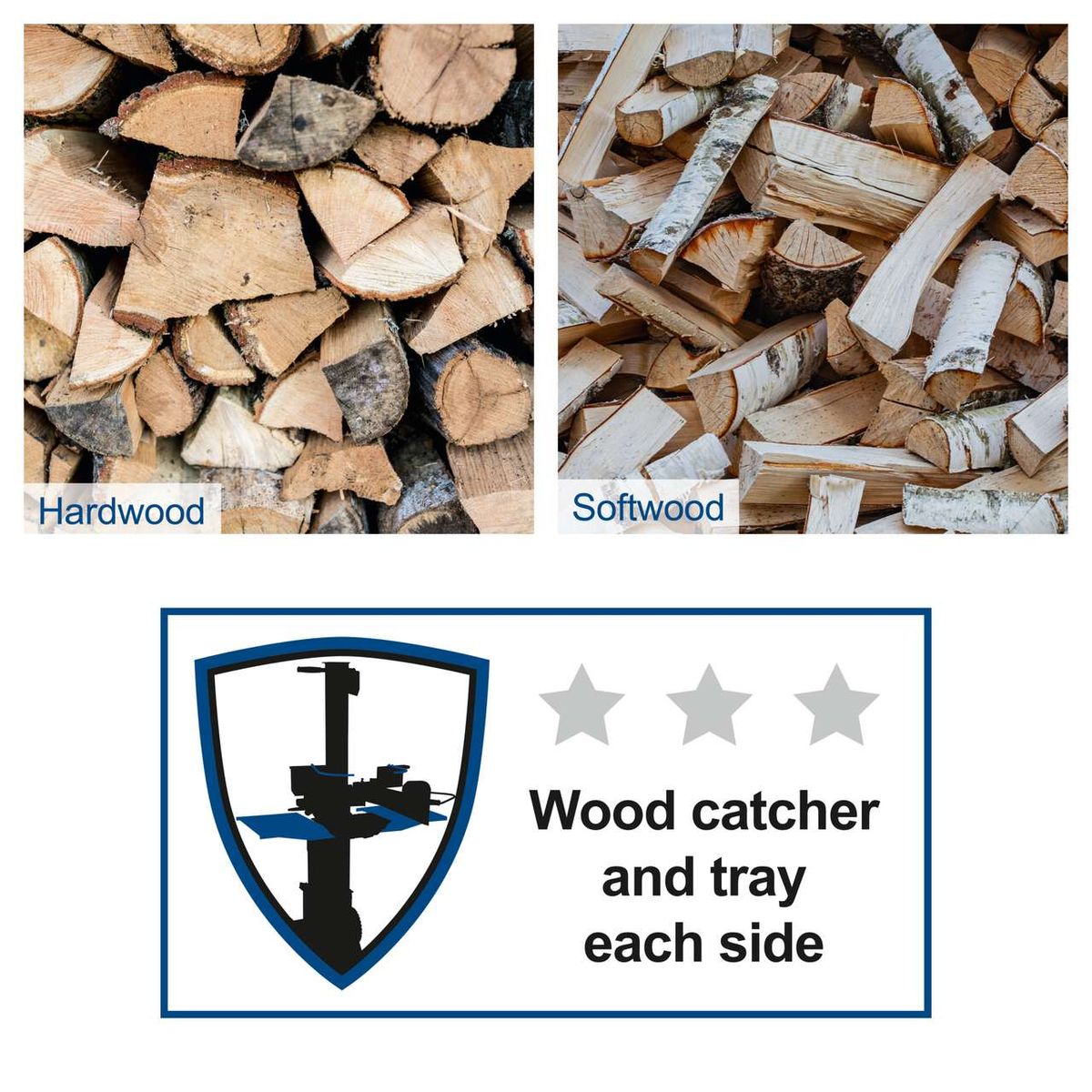 Hydraulic tool illustration with wood splitter emblem and note on handling hardwood and softwood on both sides