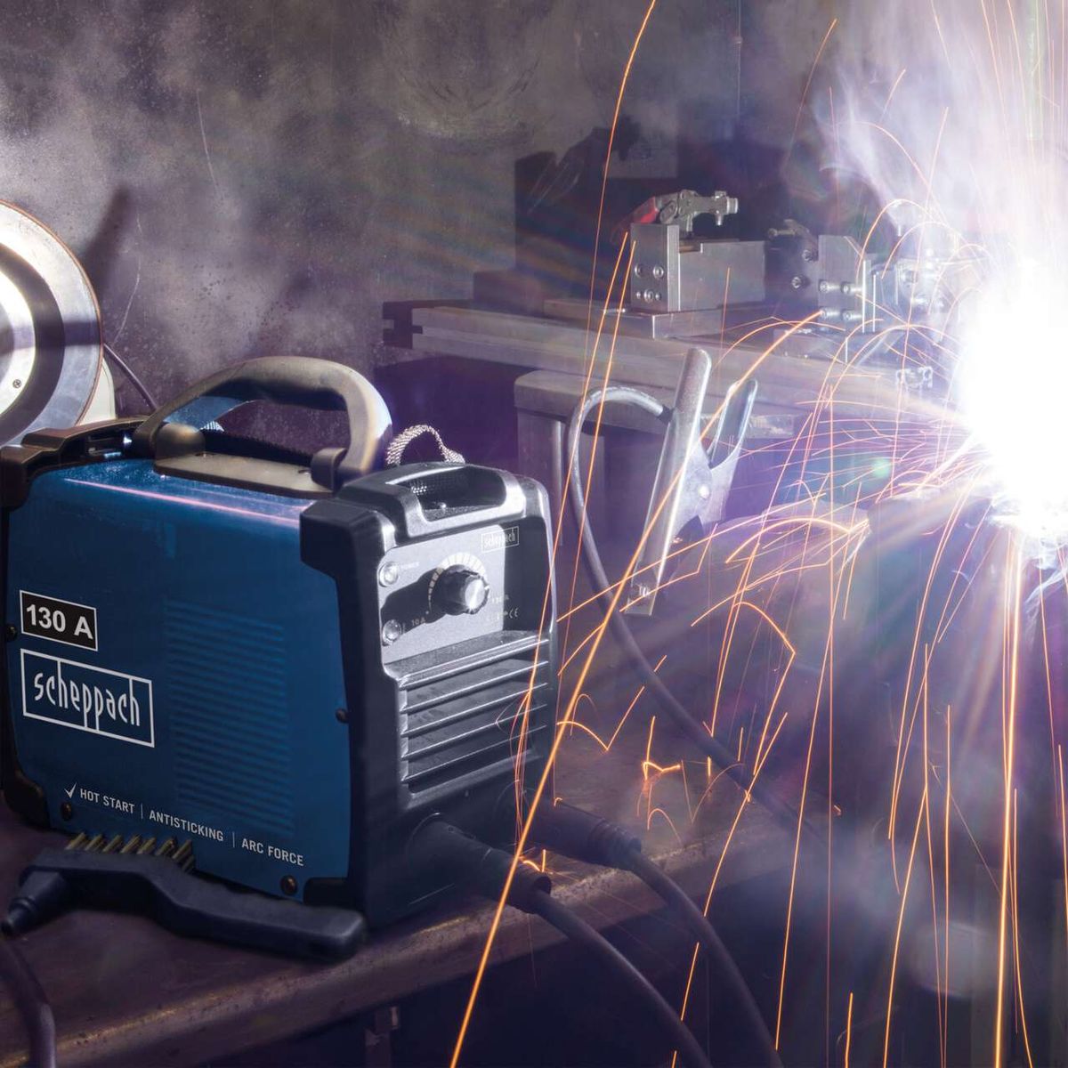 Scheppach welder with 130A output featuring hot start and anti-sticking for accurate welding results