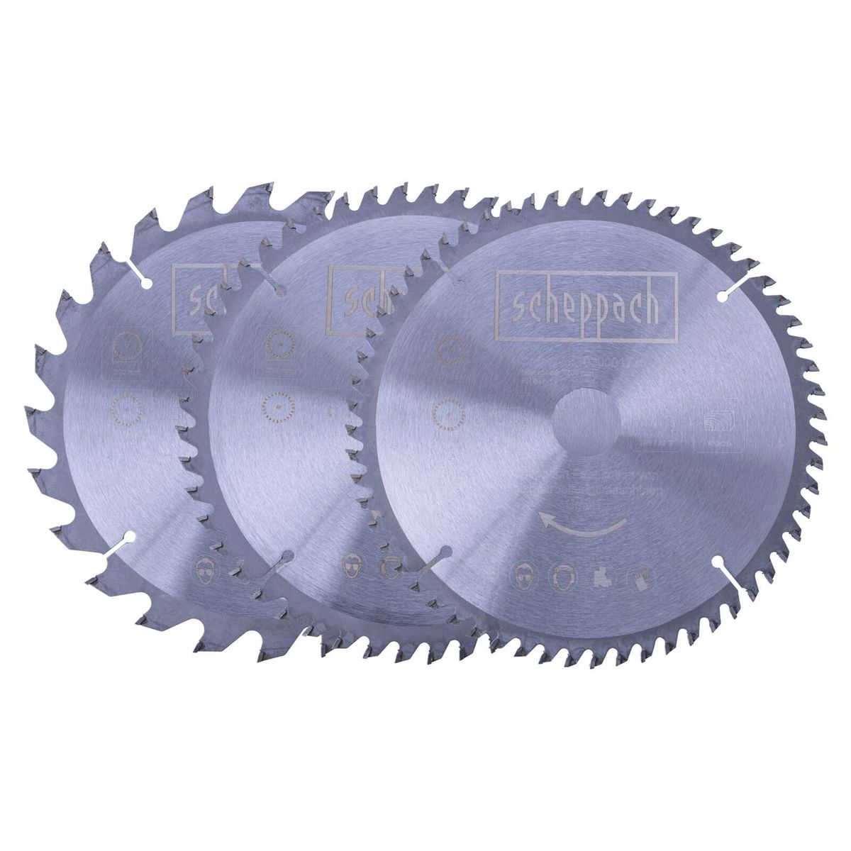 Scheppach circular saw blade set (3-piece) showing 24/48/60 teeth configurations, Ø 210 mm – detailed view of teeth