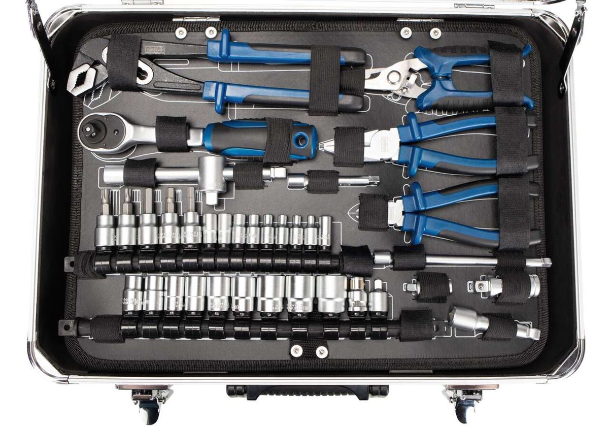 Scheppach TB150 tool kit with a comprehensive set of hand tools including sockets, pliers, and specialized tools