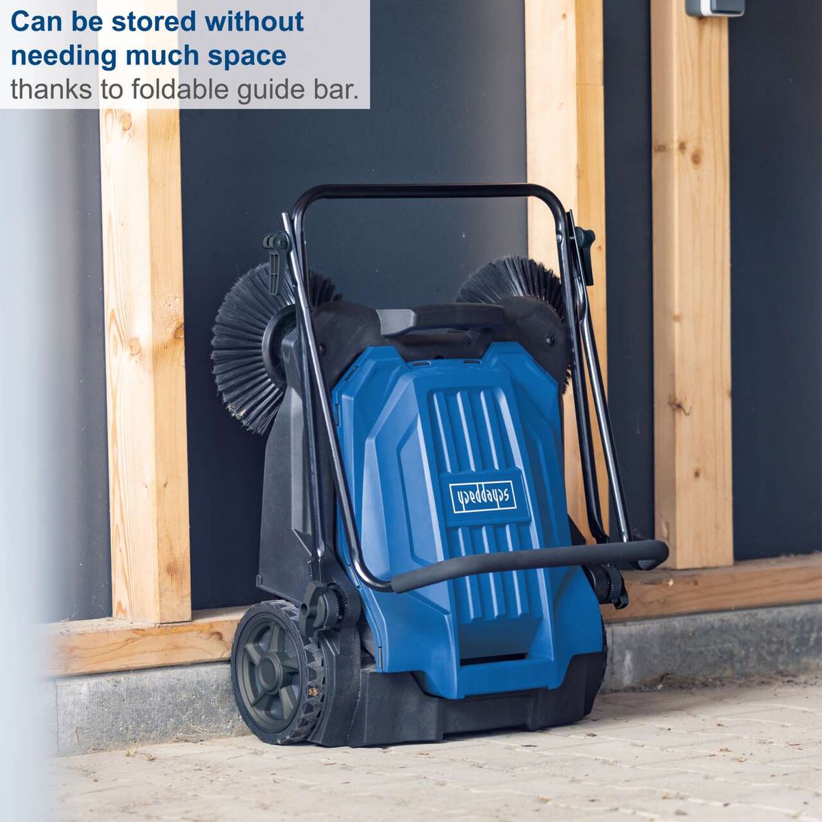 Foldable push sweeper with compact storage via foldable guide bar