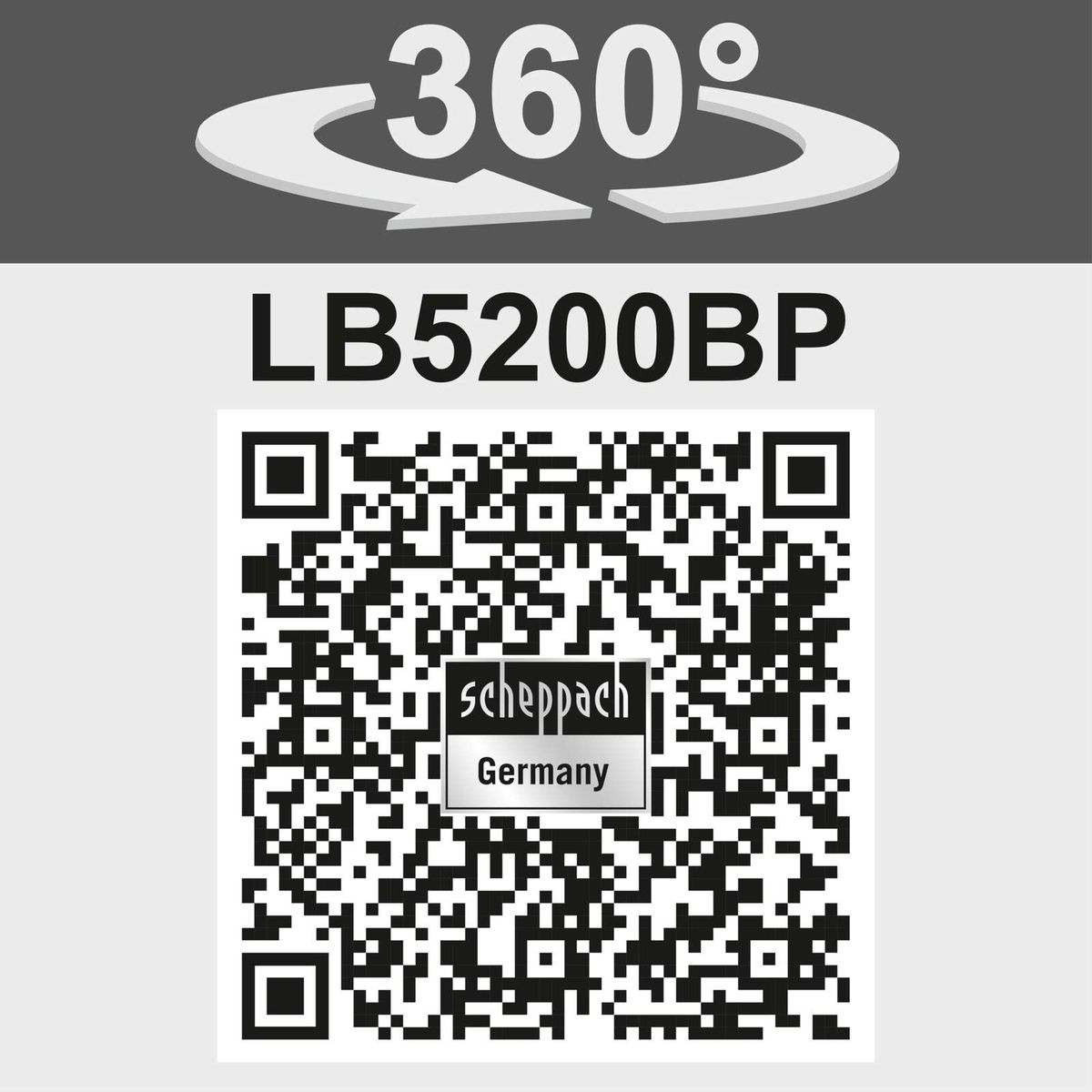 Scheppach LB5200BP backpack leaf blower featuring 360° rotation and QR code for specifications
