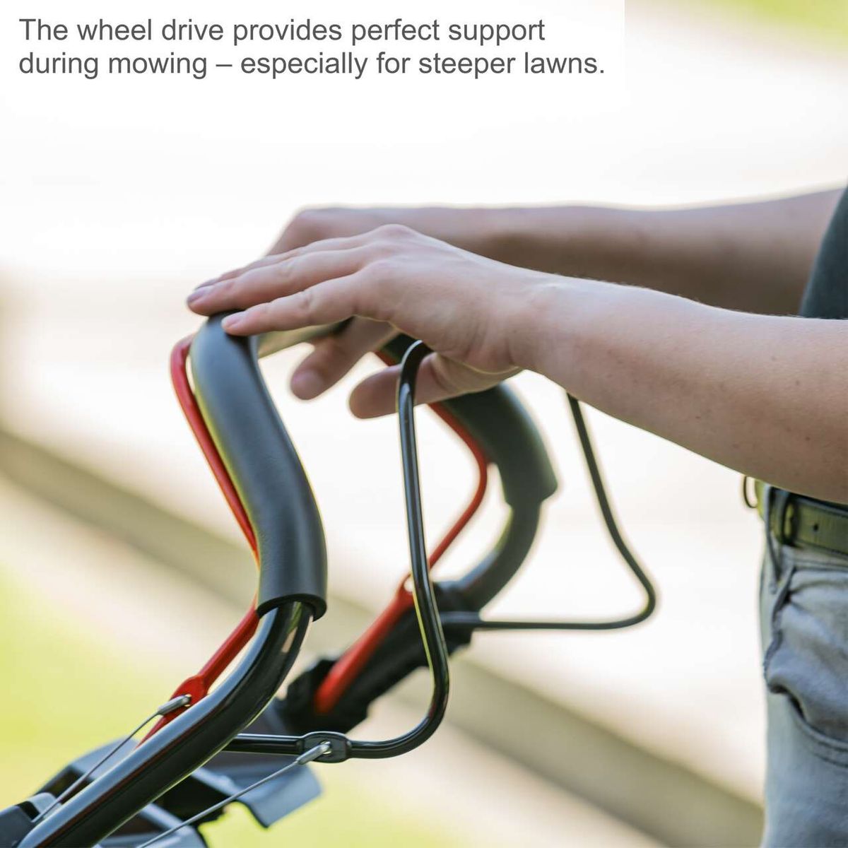 Wheel drive feature for Scheppach lawnmower MS225-56E supports mowing, especially on steep lawns