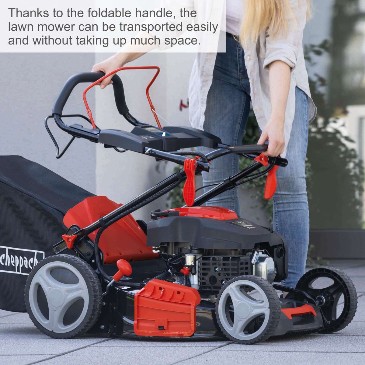 Scheppach self-propelled lawnmower with foldable handle and sturdy wheels, shown with text highlighting ease of use and transport convenience.